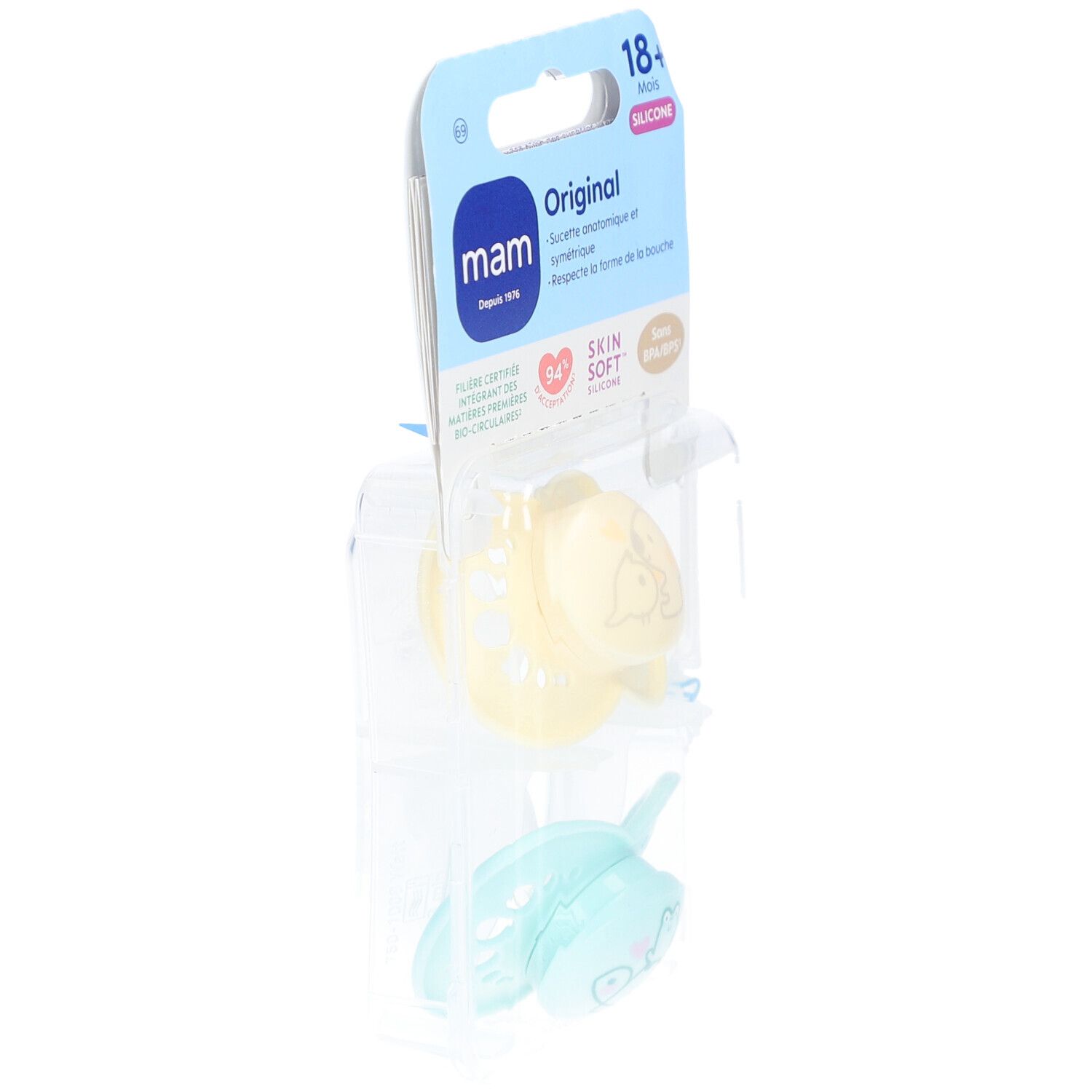 Sucettes MAM Original emballées. Une jaune avec motif animal, une bleue. Silicone, 18+ mois.