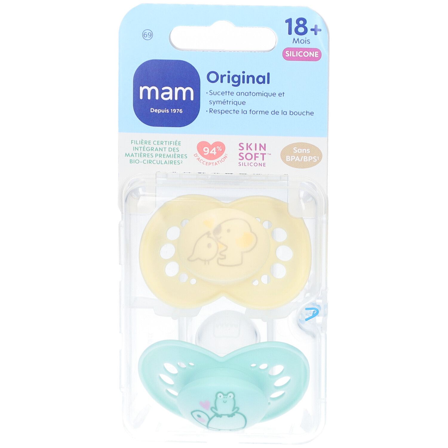 Deux sucettes MAM Original, emballage. Une jaune avec motif animal, une bleue. Silicone, 18+ mois.