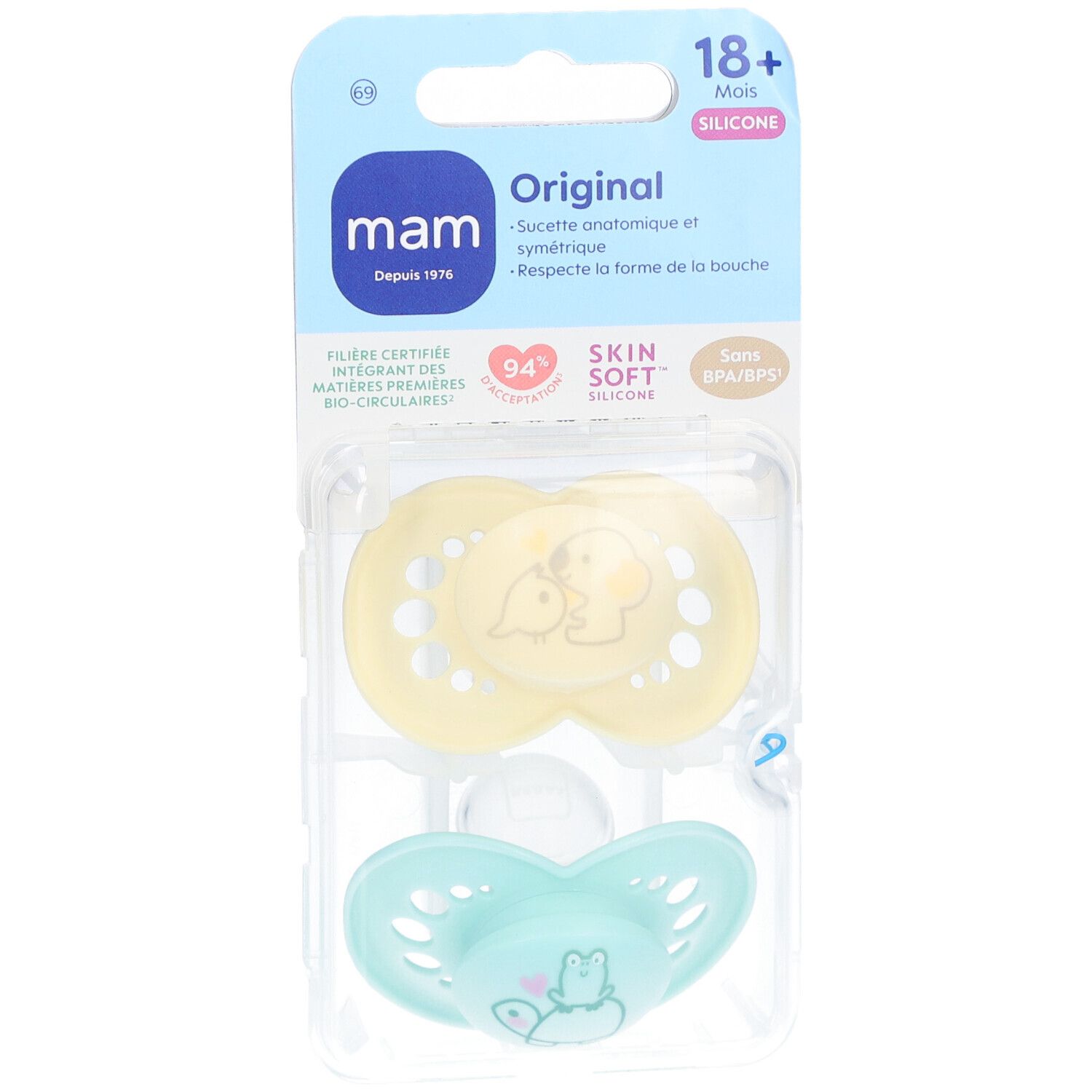 Deux sucettes MAM Original, emballage. Une jaune avec motif animal, une bleue. Silicone, 18+ mois.
