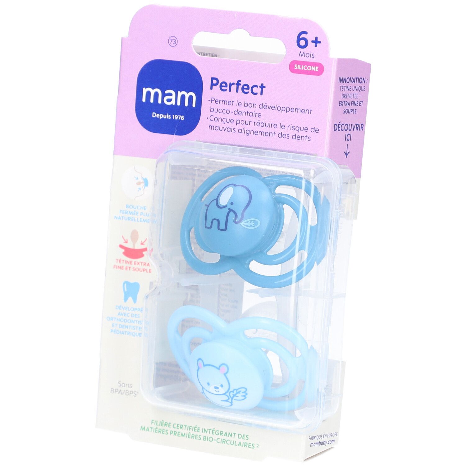 Deux sucettes bleues MAM Perfect dans un emballage. Motifs animaux, recommandation d'âge 6+ mois.