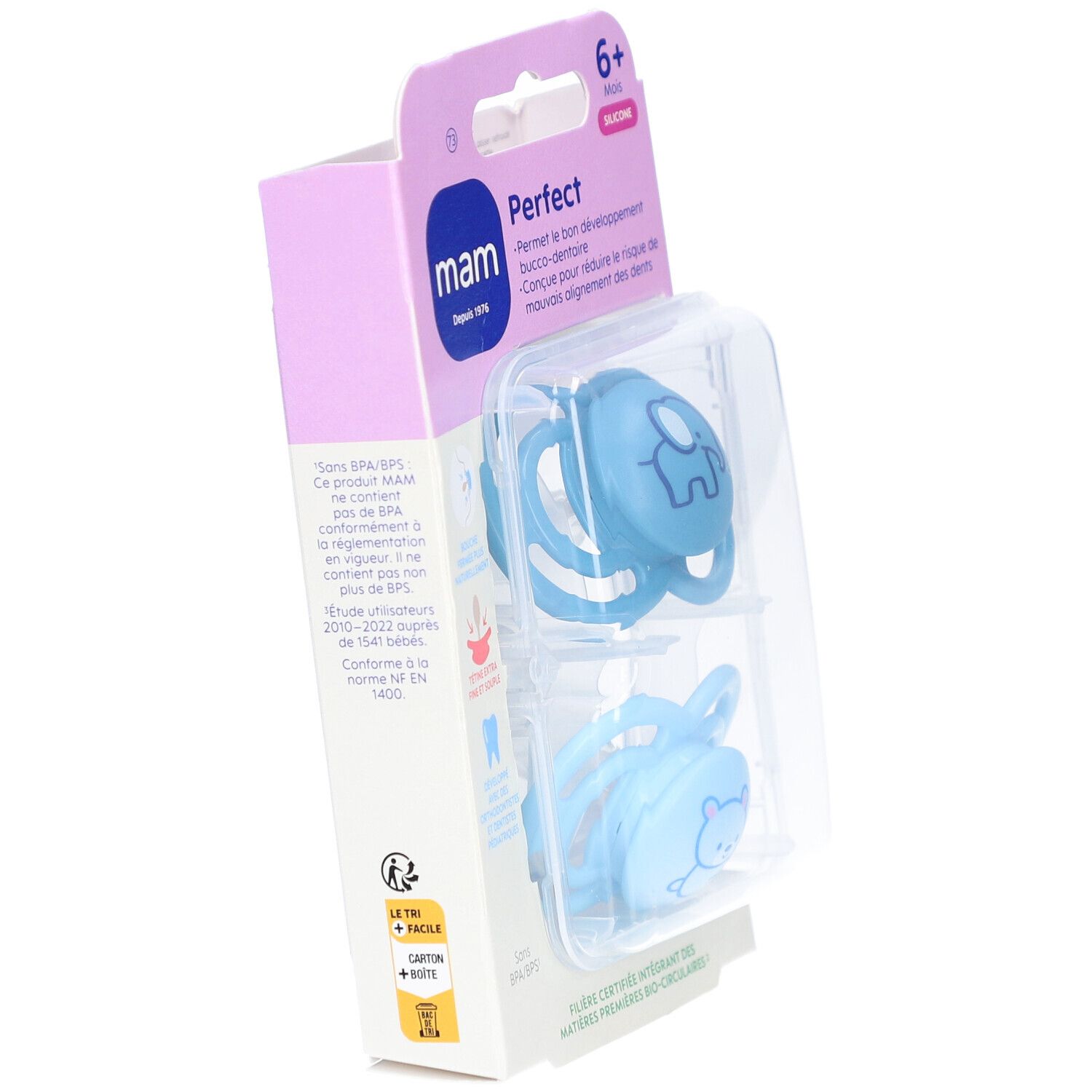 Emballage de deux sucettes bleues MAM Perfect. Marque MAM, recommandation d'âge 6+ mois. Motifs animaux.