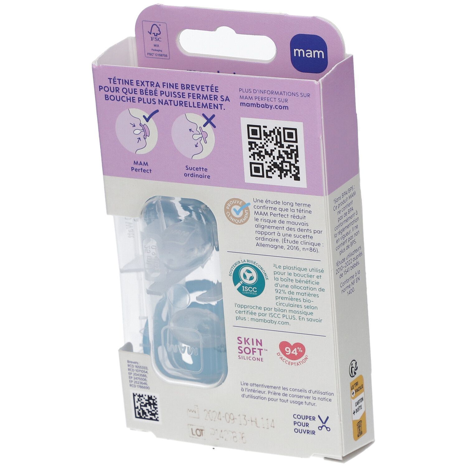 Dos de l'emballage de deux sucettes MAM Perfect. Informations, QR code, certifications et recommandation d'âge.