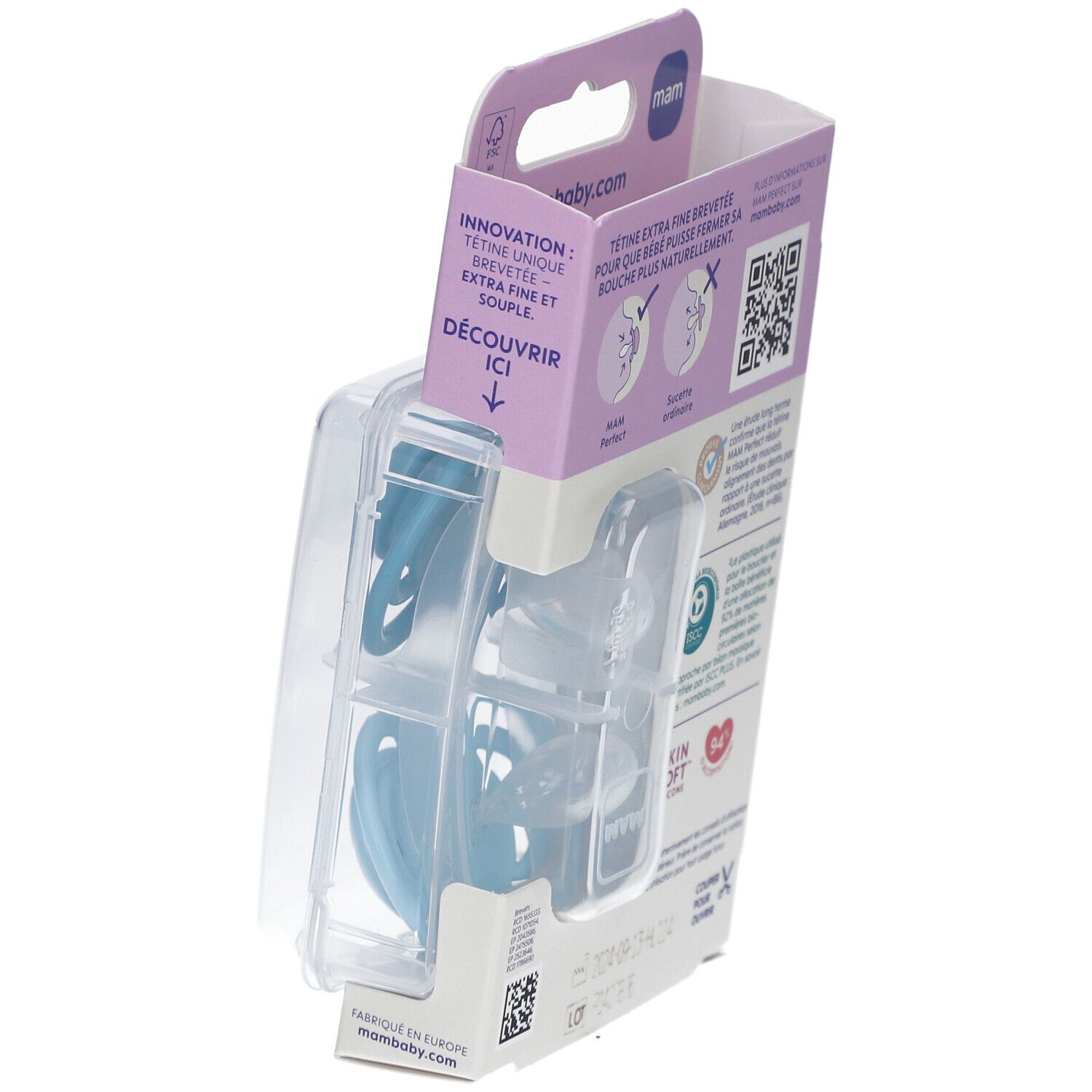 Emballage de deux sucettes MAM Perfect. Marque MAM, recommandation d'âge 6+ mois. Vue détaillée de l'emballage.