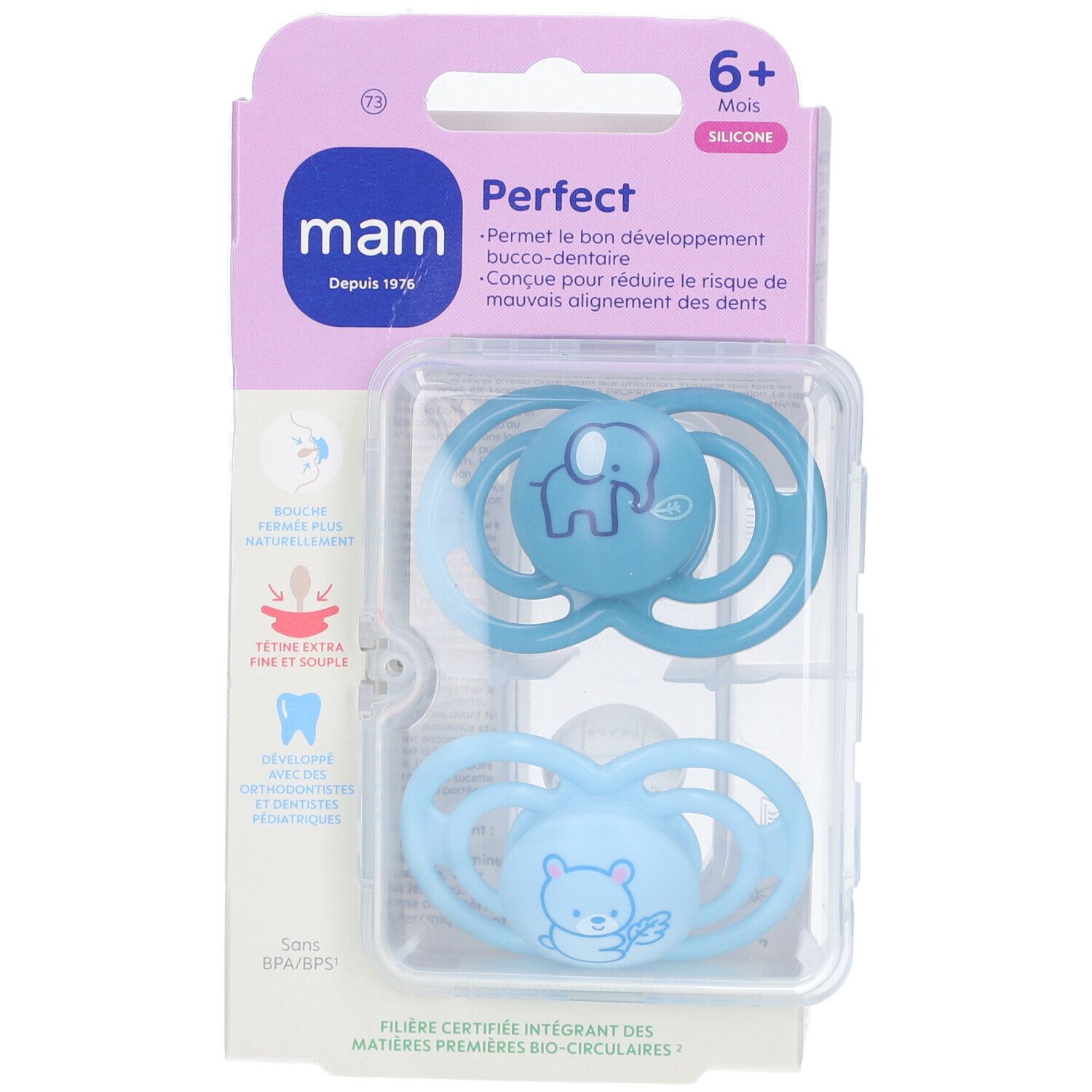 Deux sucettes bleues MAM Perfect dans un emballage. Motifs animaux, recommandation d'âge 6+ mois.