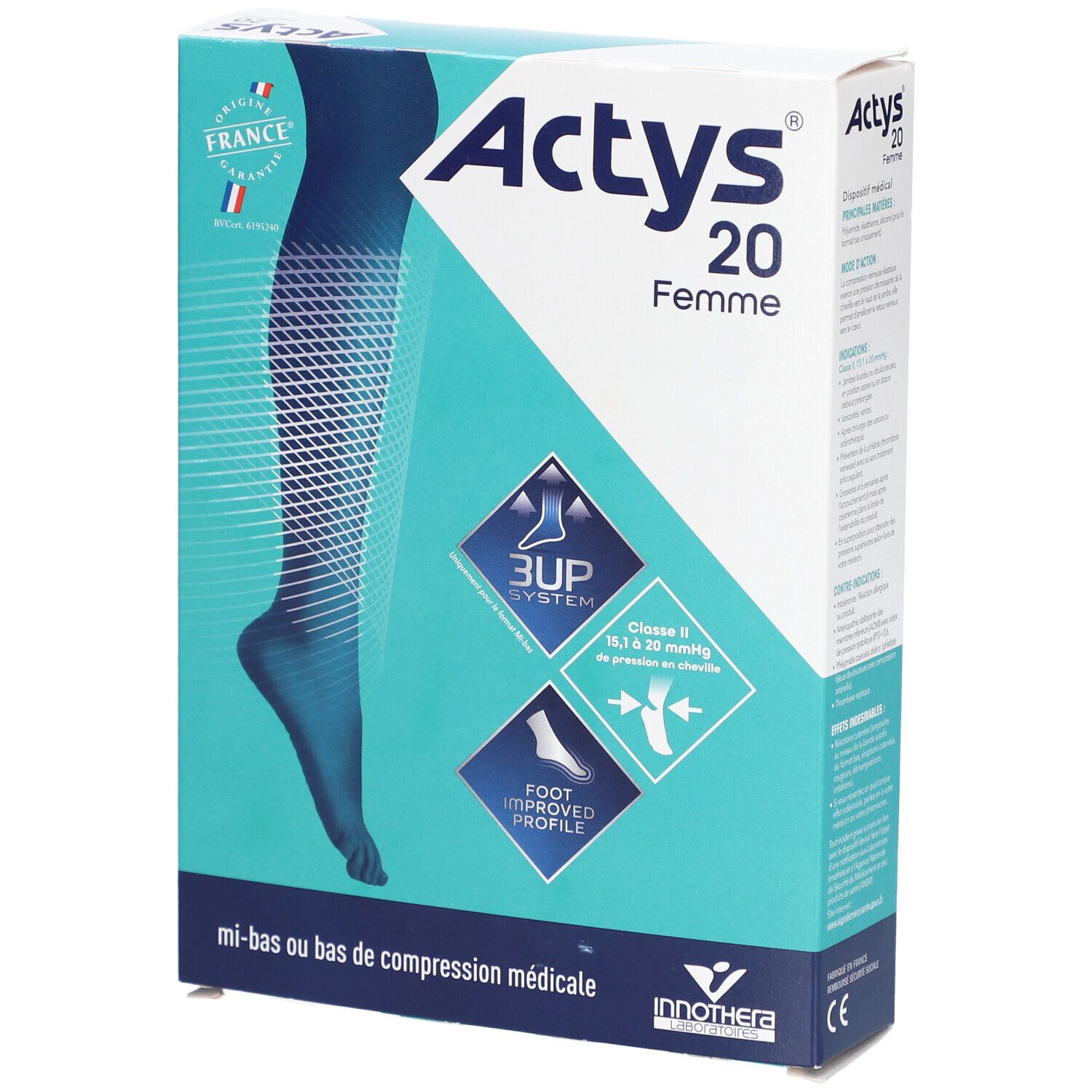 Boîte ACTYS 20 Femme, bas cuisse médical. Design bleu et blanc, illustration du produit et logos. Dispositif médical.