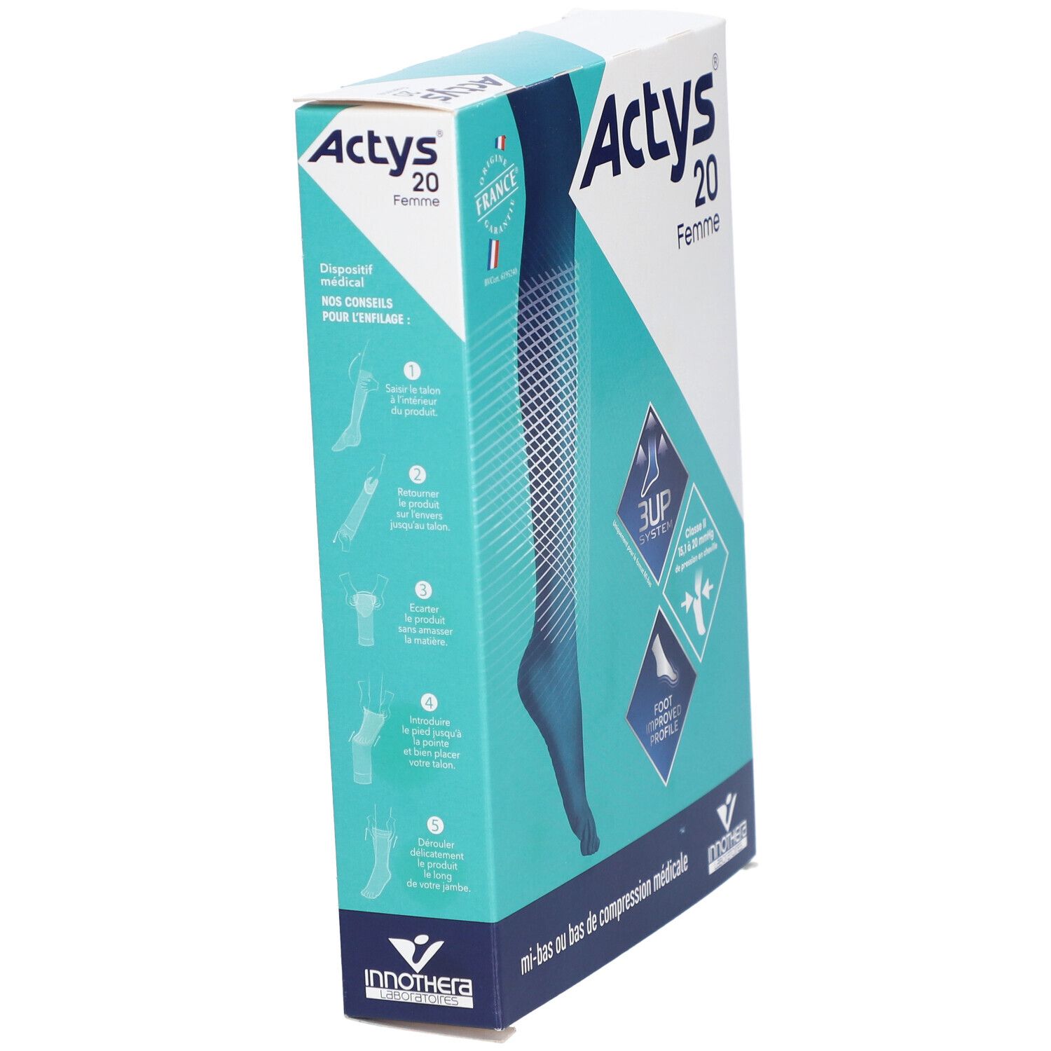 Vue oblique de la boîte ACTYS 20 Femme. Design bleu et blanc, illustration du produit et logos. Dispositif médical.