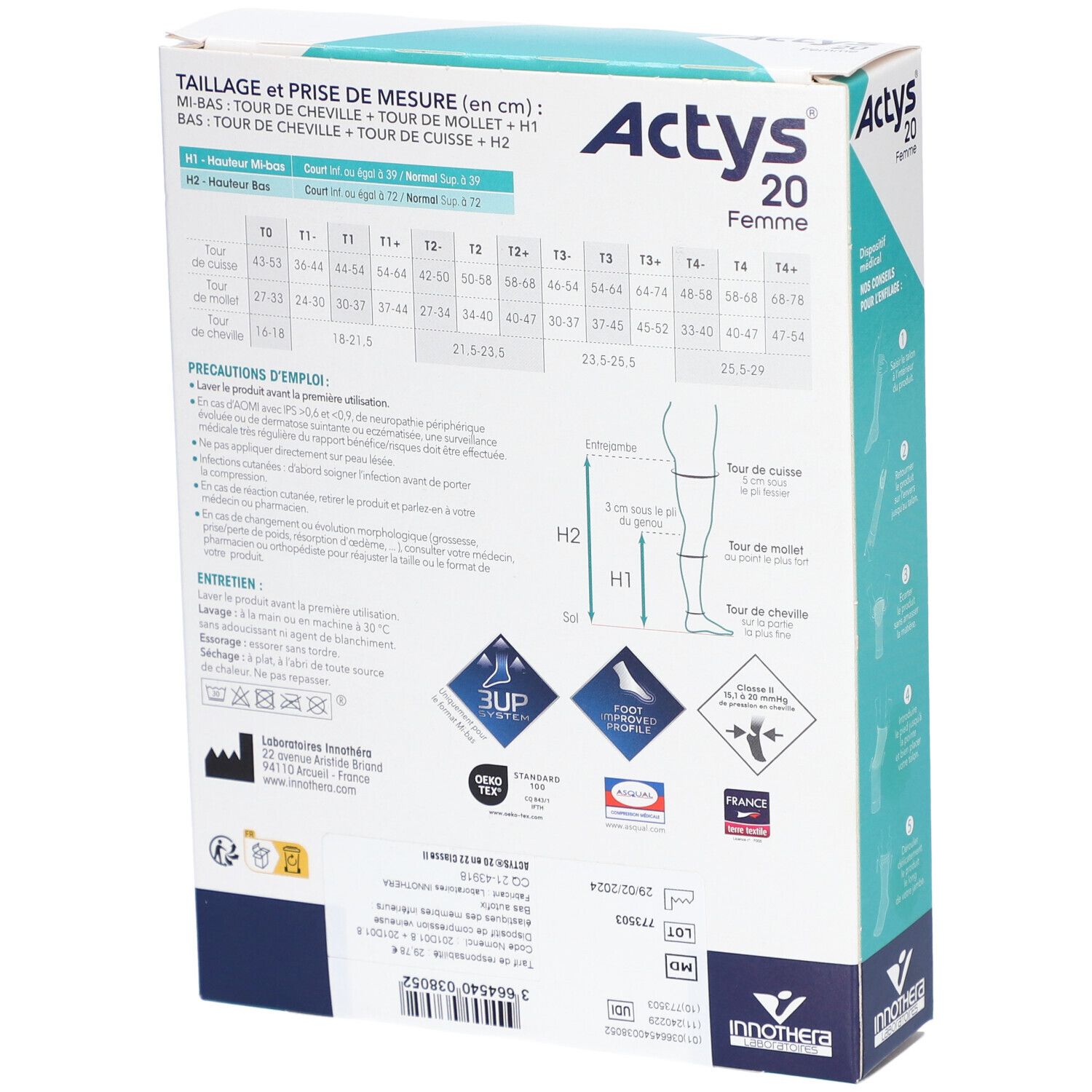 Dos de la boîte ACTYS 20 Femme. Contient tableau des tailles, instructions et logos. Dispositif médical.