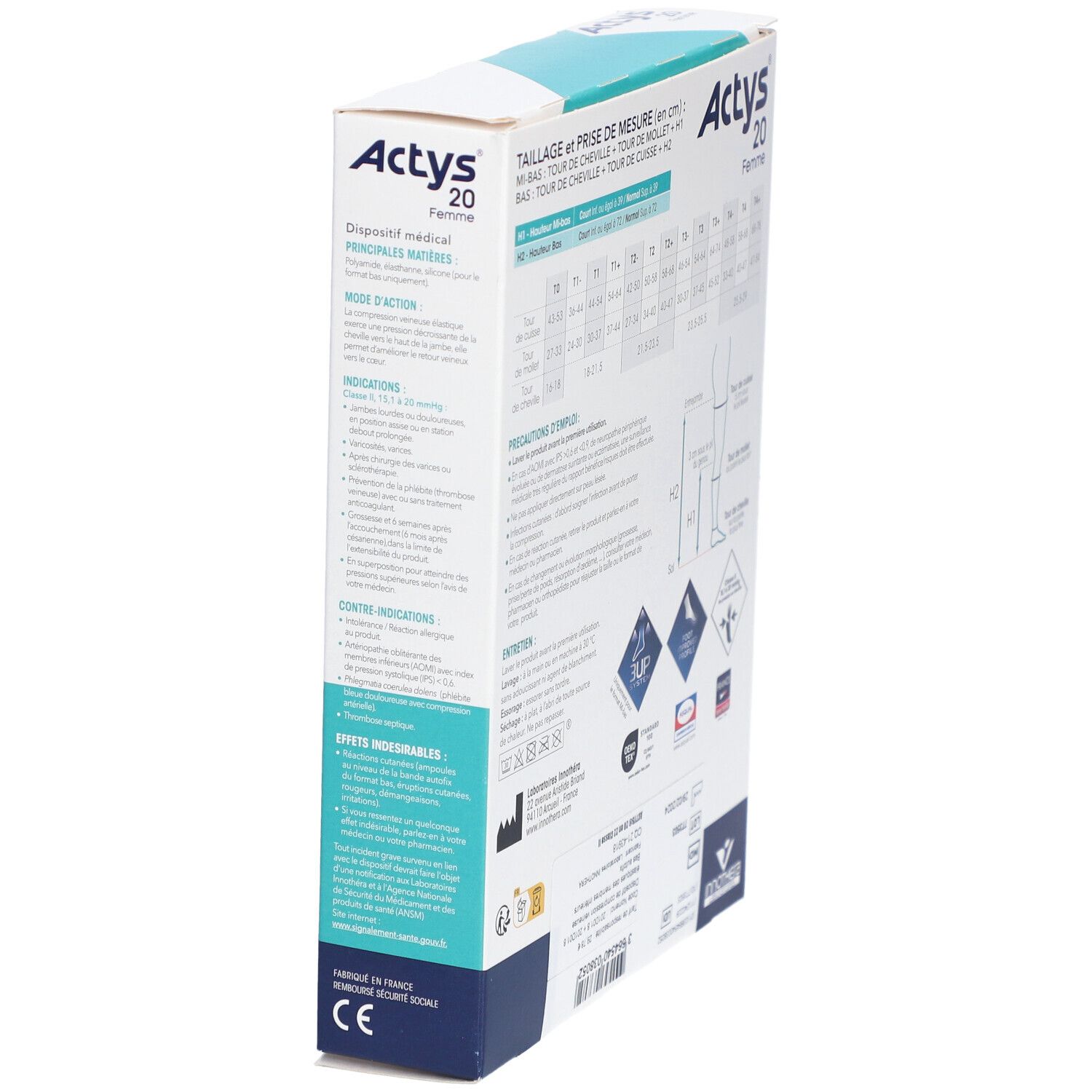 Vue oblique de la boîte ACTYS 20 Femme. Contient informations produit, tableau des tailles et logos. Dispositif médical.