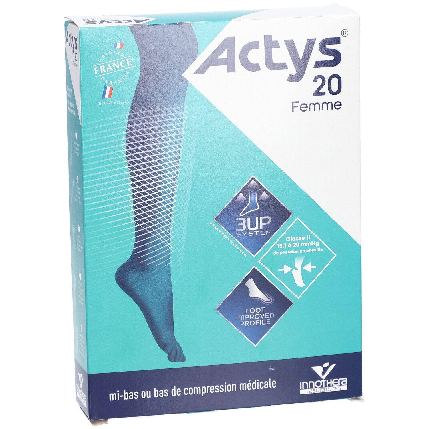 Face avant de la boîte ACTYS 20 Femme. Design bleu et blanc, illustration du produit et logos. Dispositif médical.