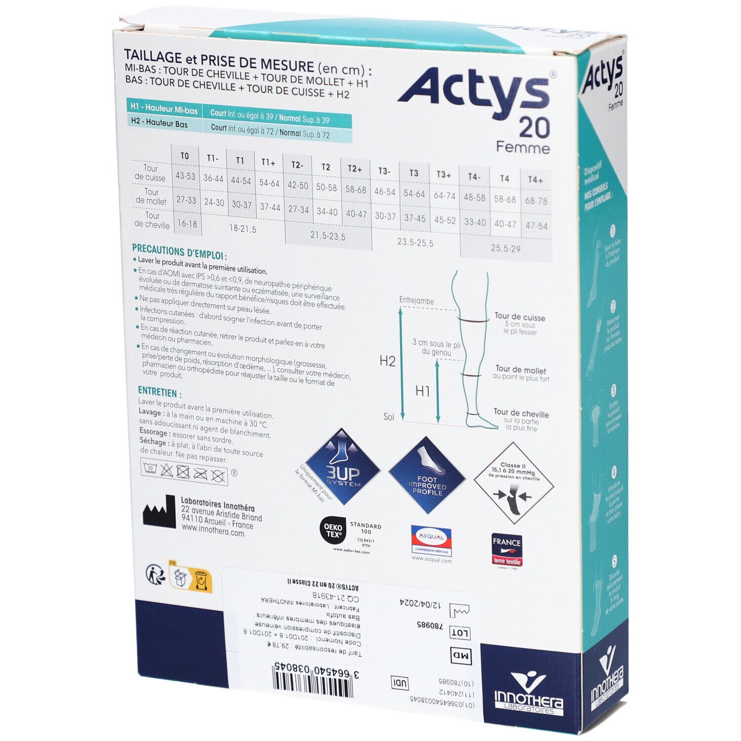 Dos de la boîte ACTYS 20 Femme. Tableau des tailles. Bas de compression médicale. Informations et pictogrammes.