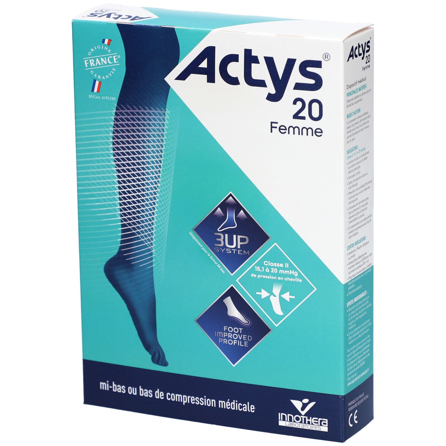 Boîte ACTYS 20 Femme. Bas de compression médicale, classe 2. Design bleu et blanc avec illustration du produit.