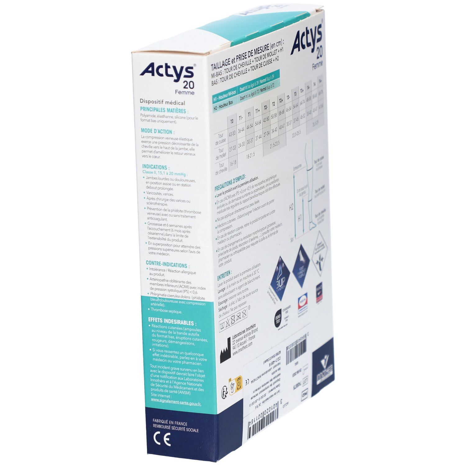 Vue latérale de la boîte ACTYS 20 Femme. Informations d'utilisation et indications médicales.