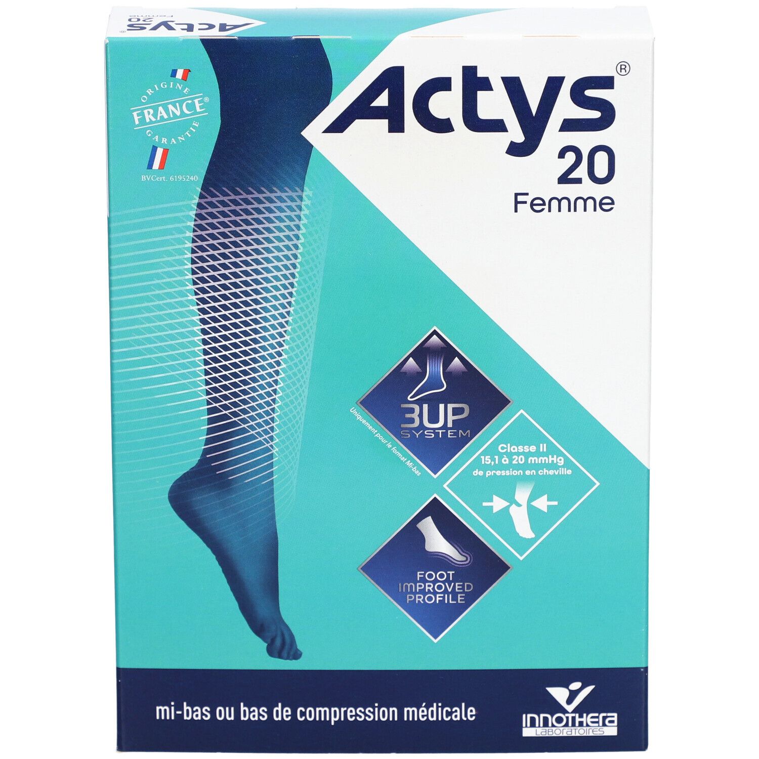 Boîte ACTYS 20 Femme. Bas de compression médicale, classe 2. Design bleu et blanc.