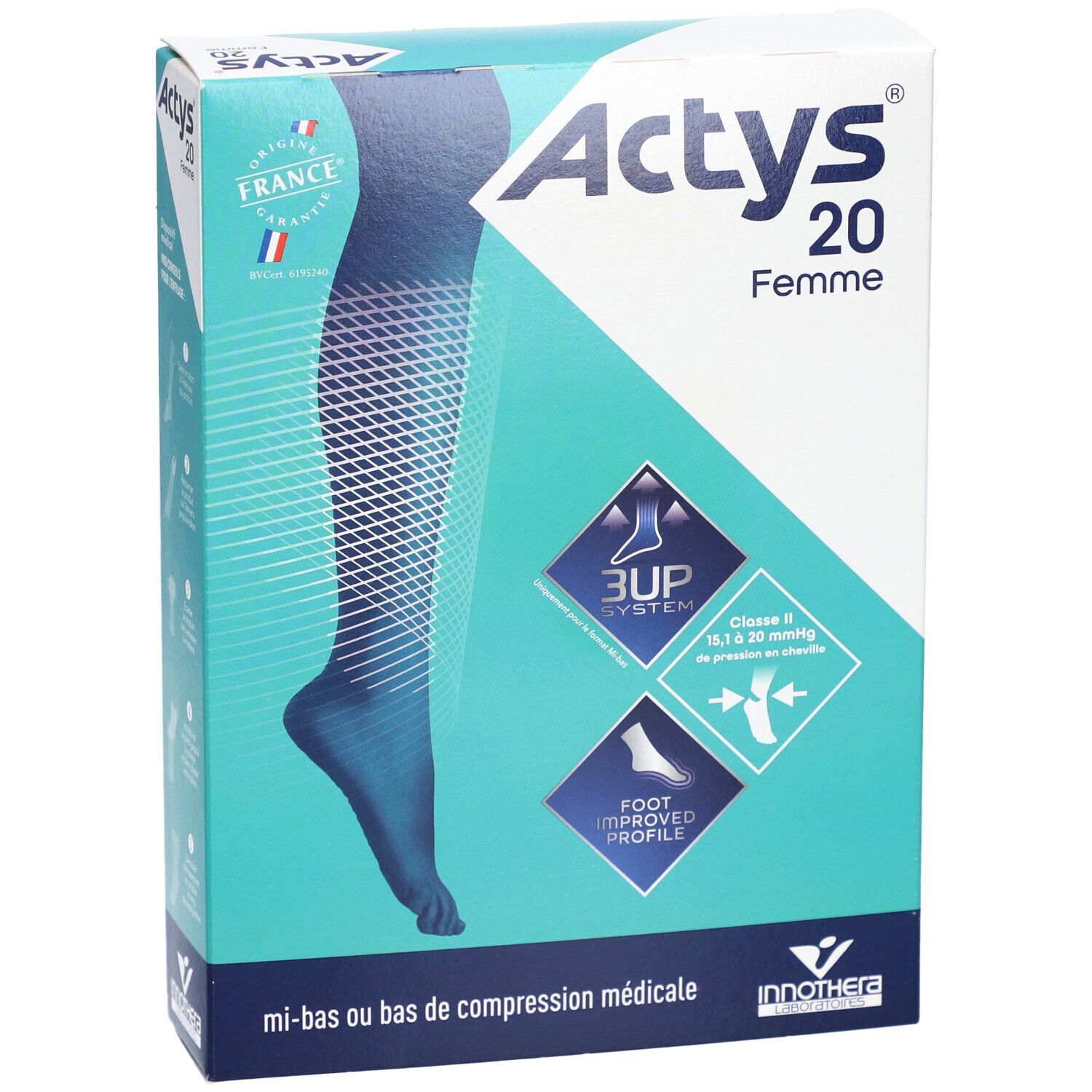 Boîte ACTYS 20 Femme. Bas de compression médicale, classe 2. Design bleu et blanc.