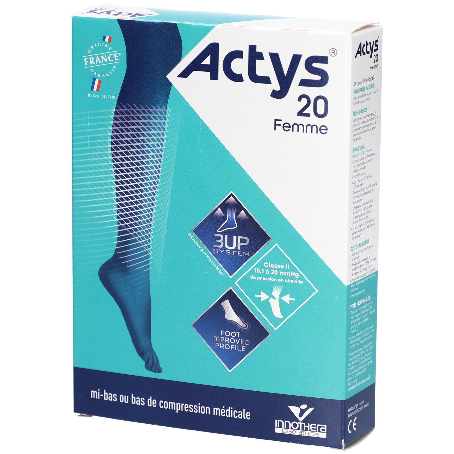 Boîte ACTYS 20 FEMME. Bas cuisse bleu représenté. Texte: Origine France, 3UP System, Foot improved profile, mi-bas de compression médicale.