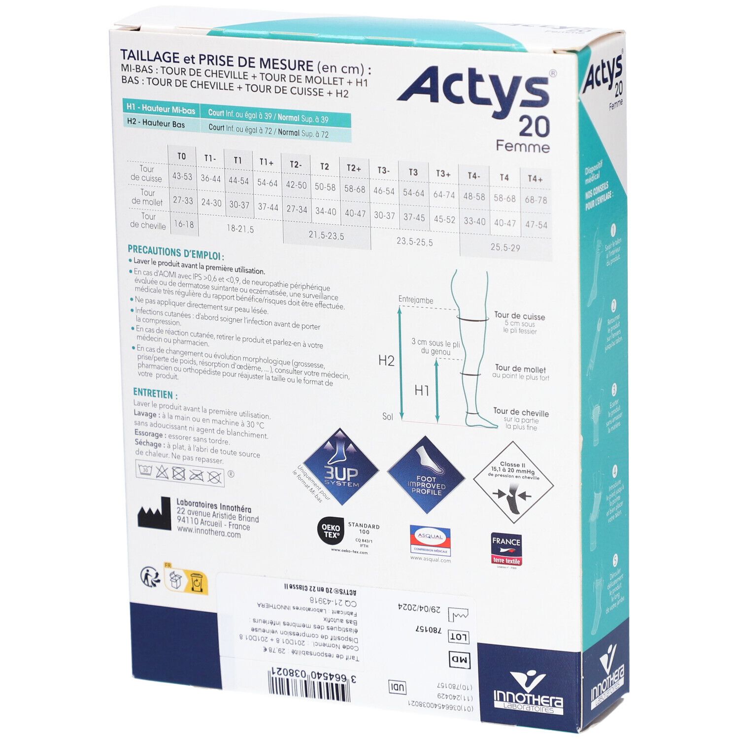 Dos de la boîte ACTYS 20 FEMME. Tableau des tailles et informations produit. Texte: ACTYS 20 Femme, Innothera, 3UP System, Foot improved profile.