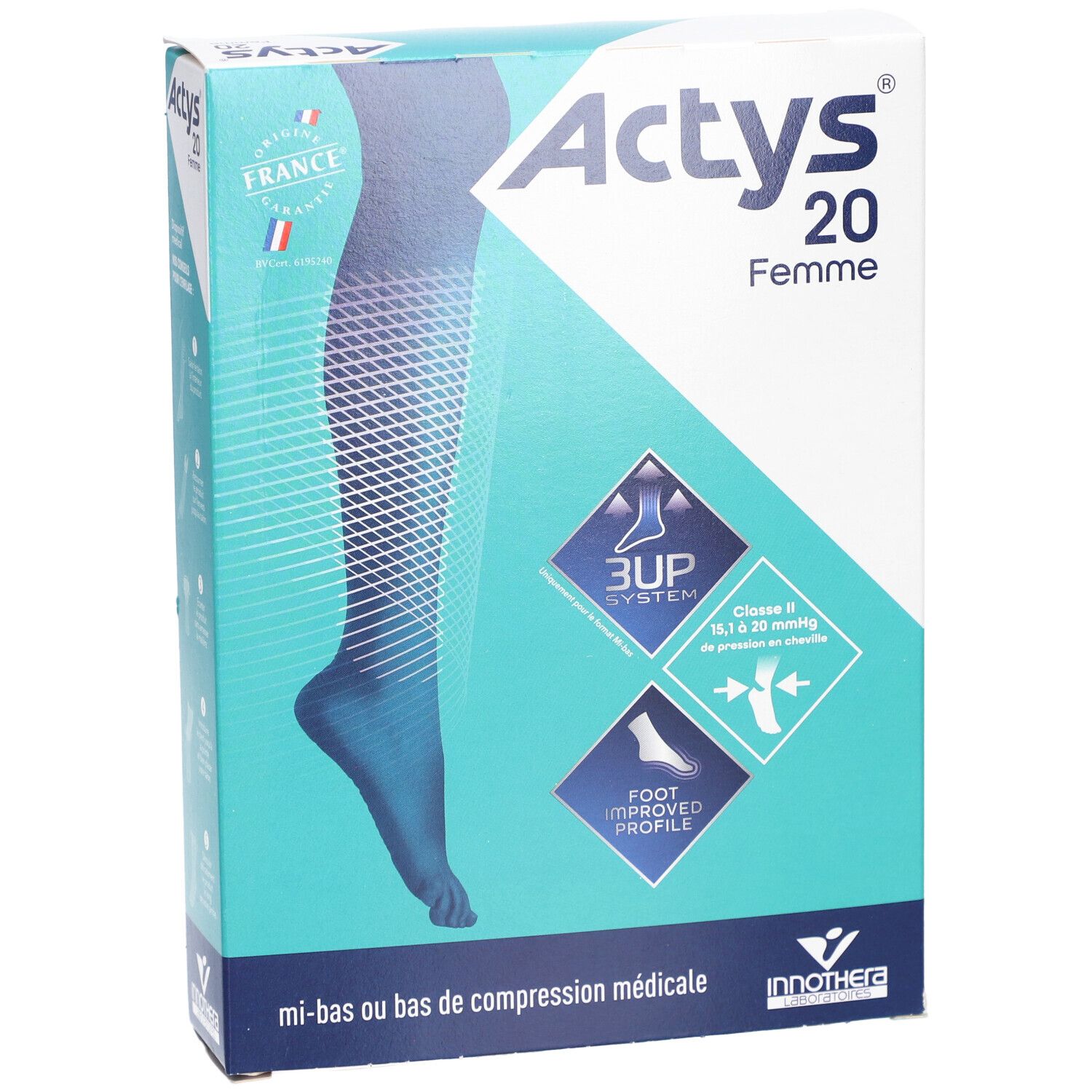 Boîte ACTYS 20 FEMME. Bas cuisse bleu représenté. Texte: ACTYS 20 Femme, 3UP System, Foot improved profile, mi-bas de compression médicale.