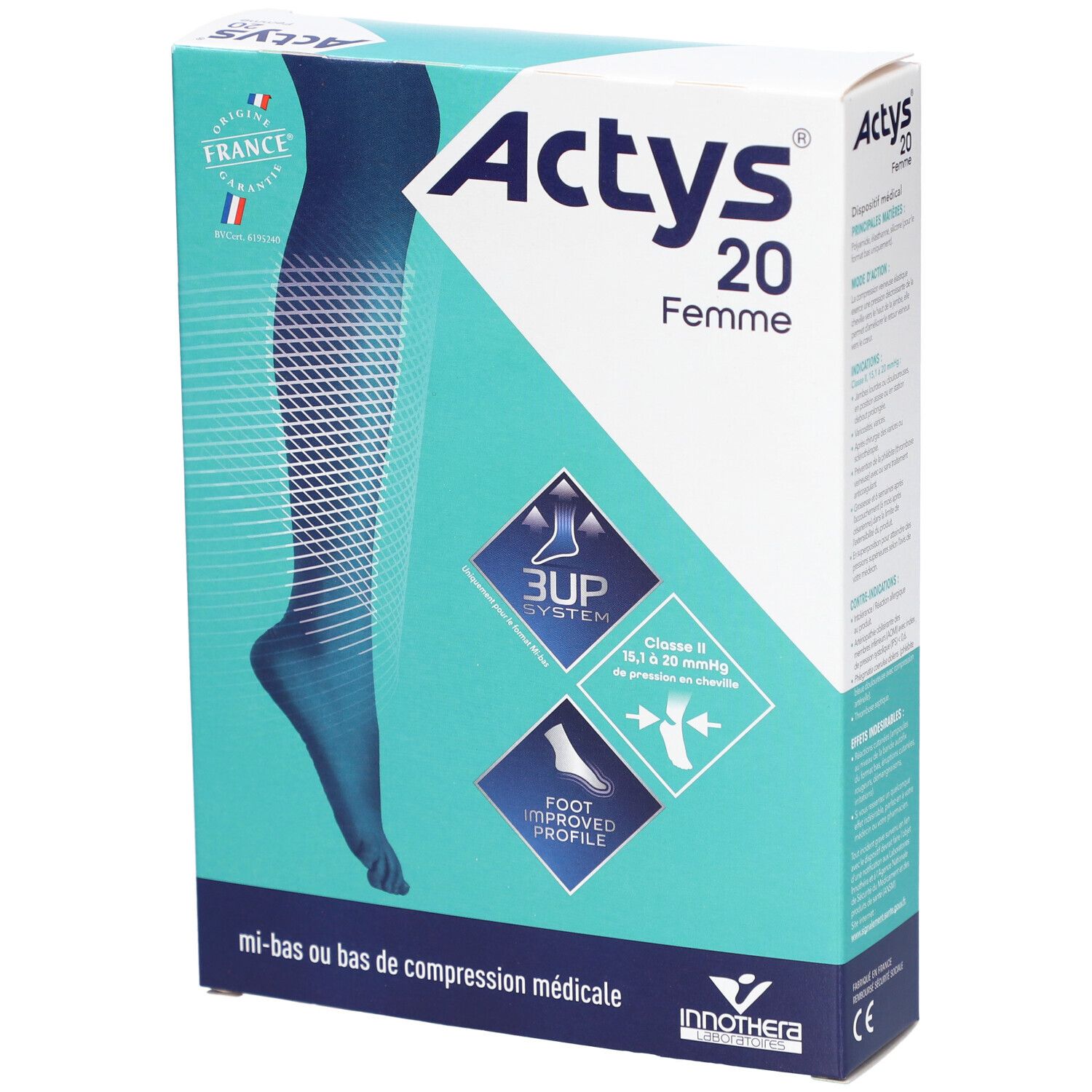 Boîte ACTYS 20 Femme. Bas cuisse médical de compression, classe 2. Design bleu et blanc avec illustration et logos.