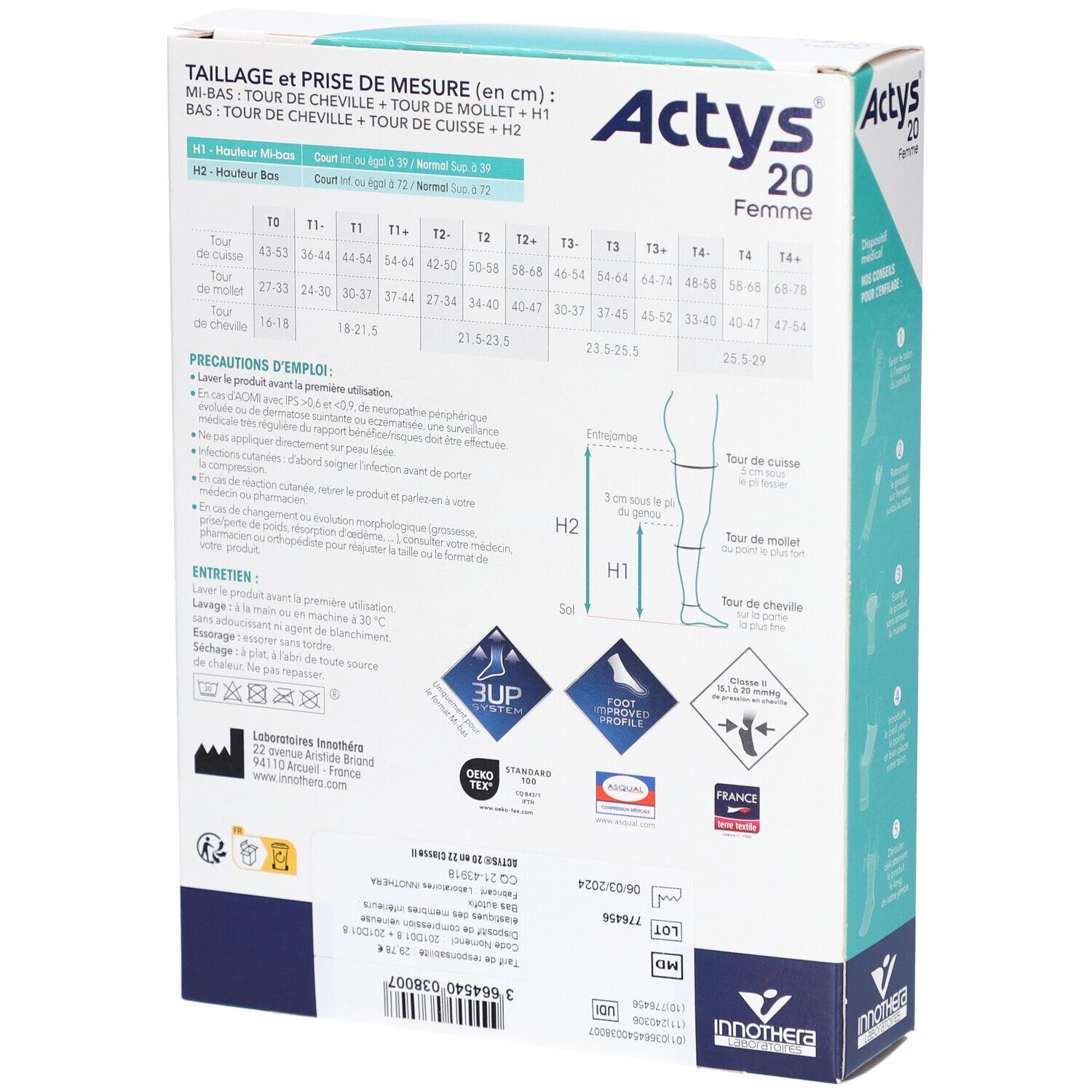 Dos de la boîte ACTYS 20 Femme. Informations de taille, utilisation et logos. Fond blanc avec texte bleu.