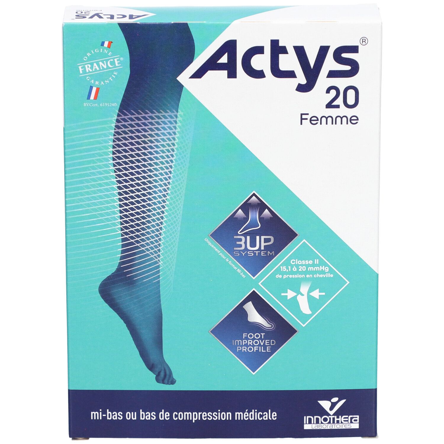Boîte ACTYS 20 Femme. Bas cuisse médical de compression, classe 2. Design bleu et blanc avec illustration et logos.