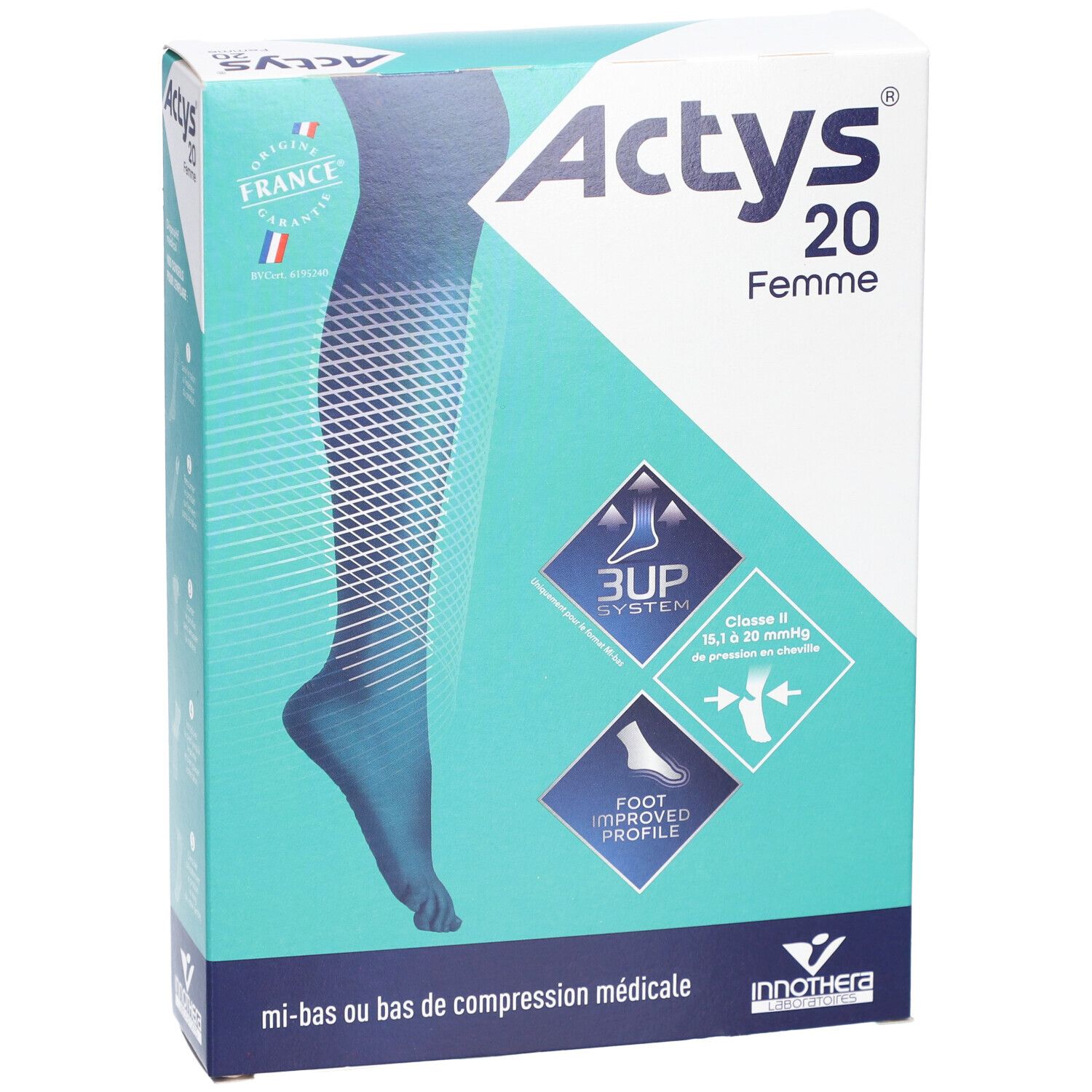 Boîte ACTYS 20 Femme. Bas cuisse médical de compression, classe 2. Design bleu et blanc avec illustration et logos.