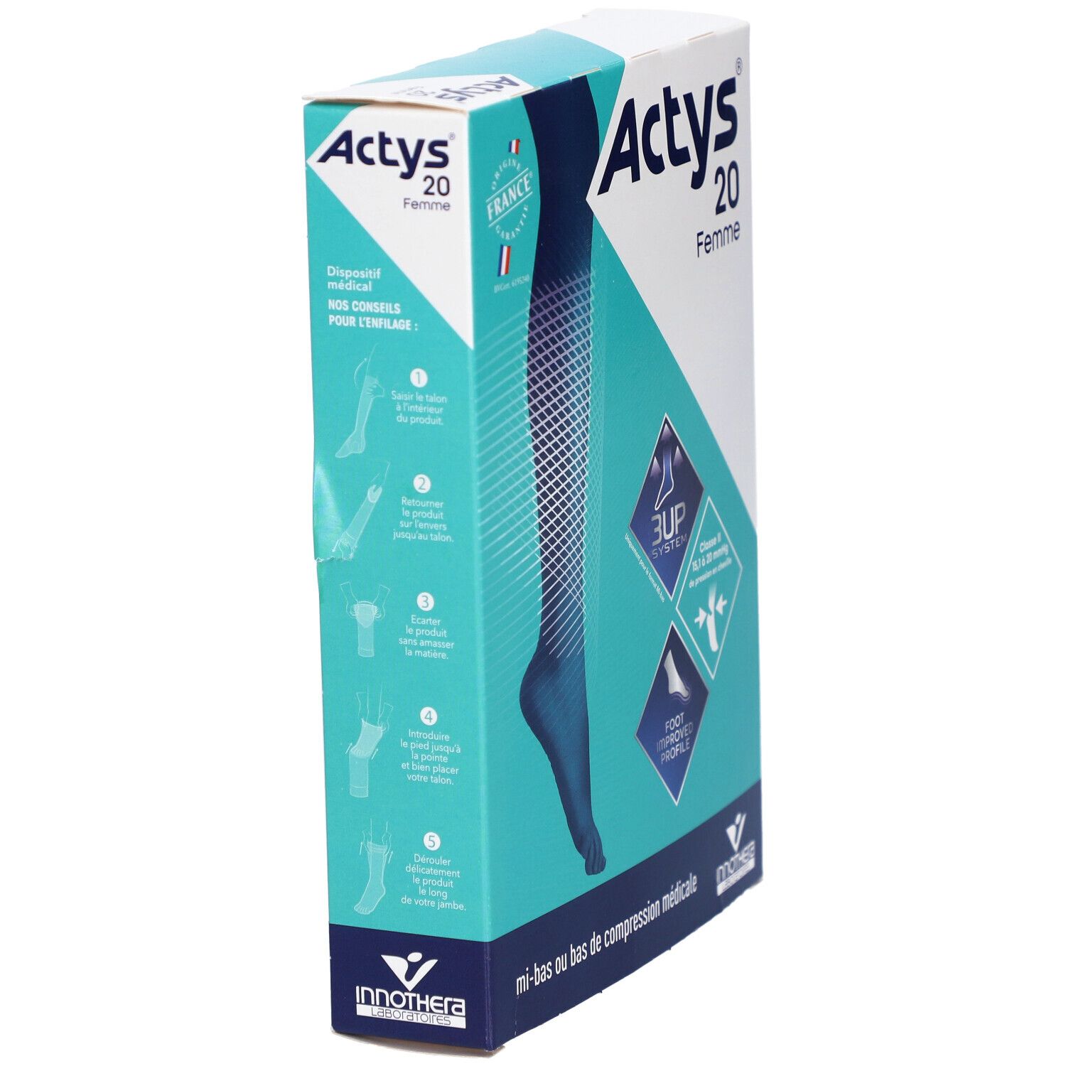 Boîte de ACTYS 20 Femme en biais. Inscriptions : Actys 20 Femme, 3UP System, compression médicale, Innothera.