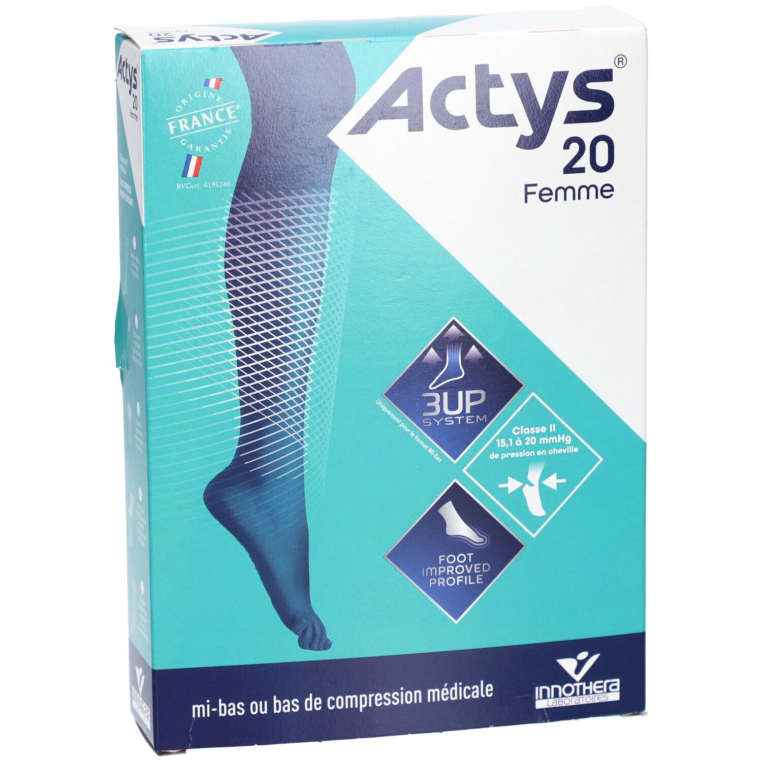 Boîte de ACTYS 20 Femme en biais. Inscriptions : Actys 20 Femme, 3UP System, compression médicale, Innothera.