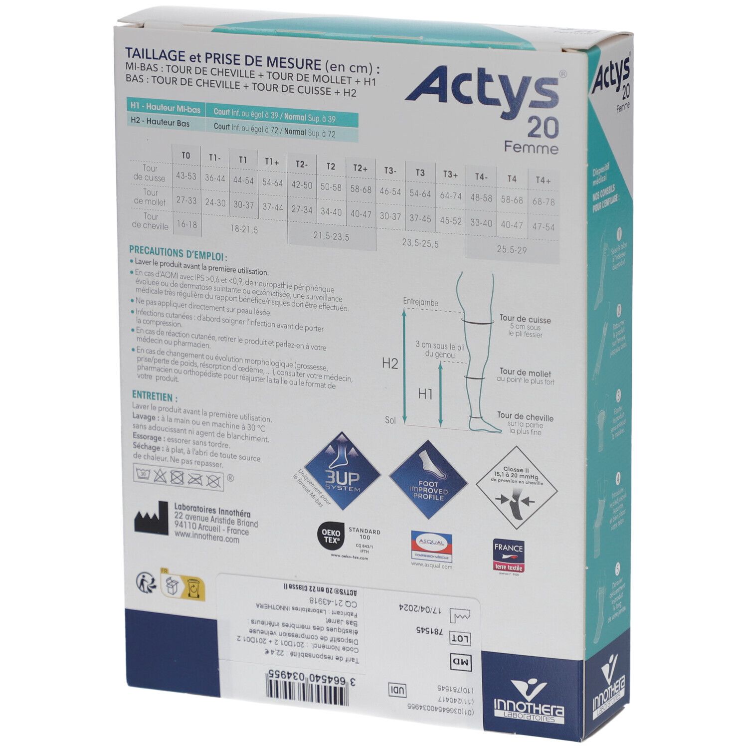 ACTYS 20 MOINS FEMME - Mi-bas médical de compression, classe 2, mollet fin. naturel, court