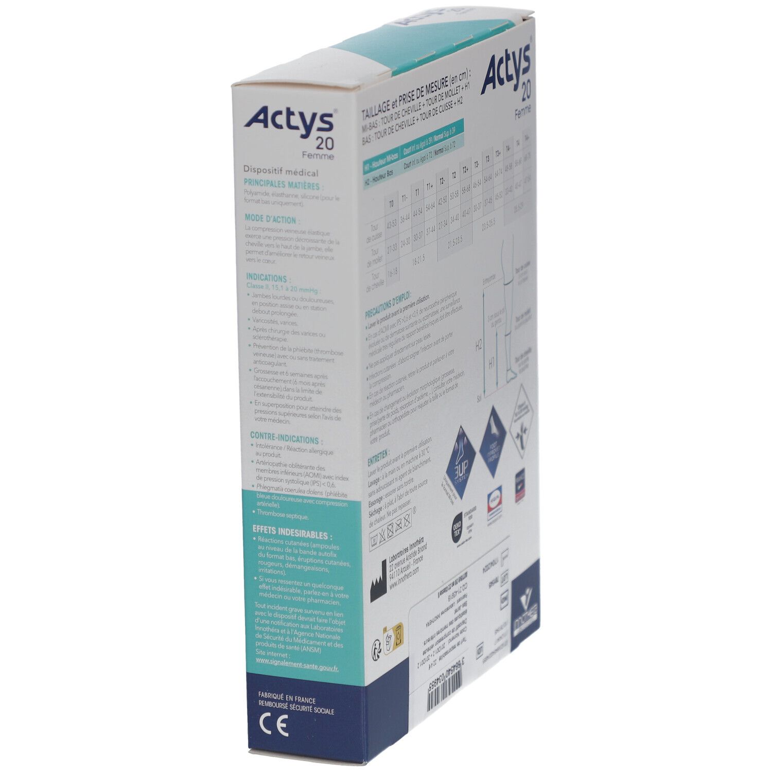 ACTYS 20 MOINS FEMME - Mi-bas médical de compression, classe 2, mollet fin. naturel, court