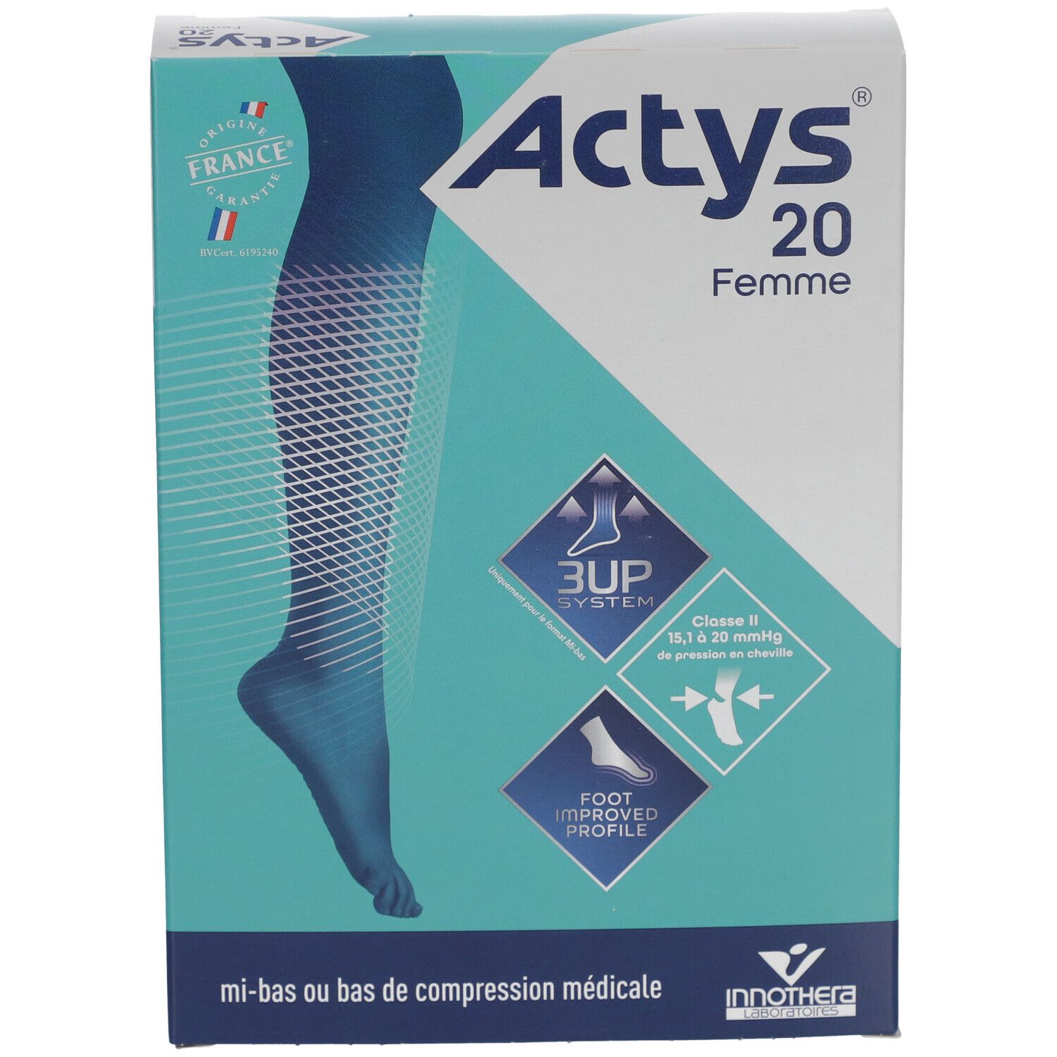 ACTYS 20 MOINS FEMME - Mi-bas médical de compression, classe 2, mollet fin. naturel, court