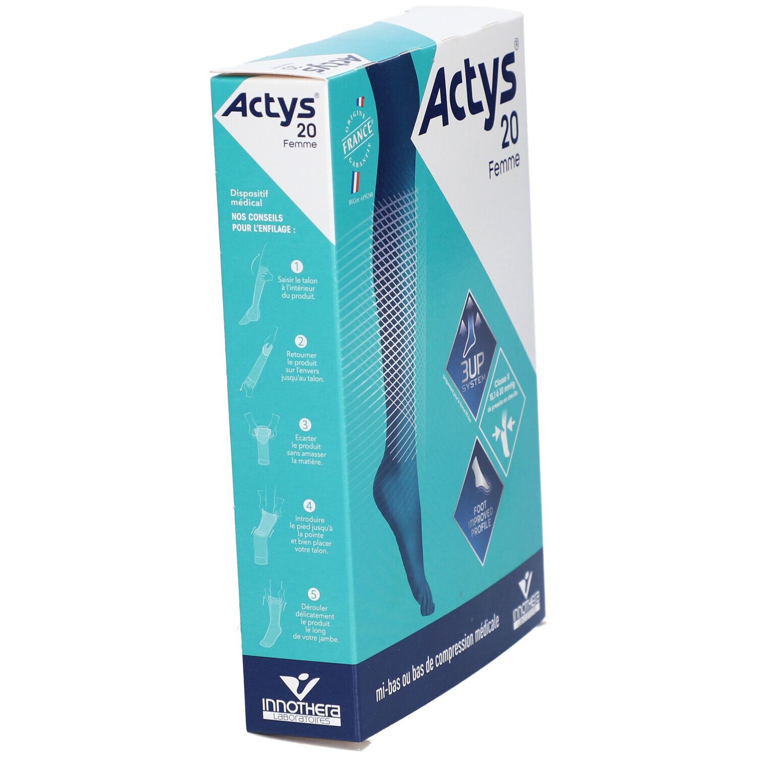 Boîte ACTYS 20 Femme, bas de compression médicale. Vue latérale avec illustration et informations sur le produit.