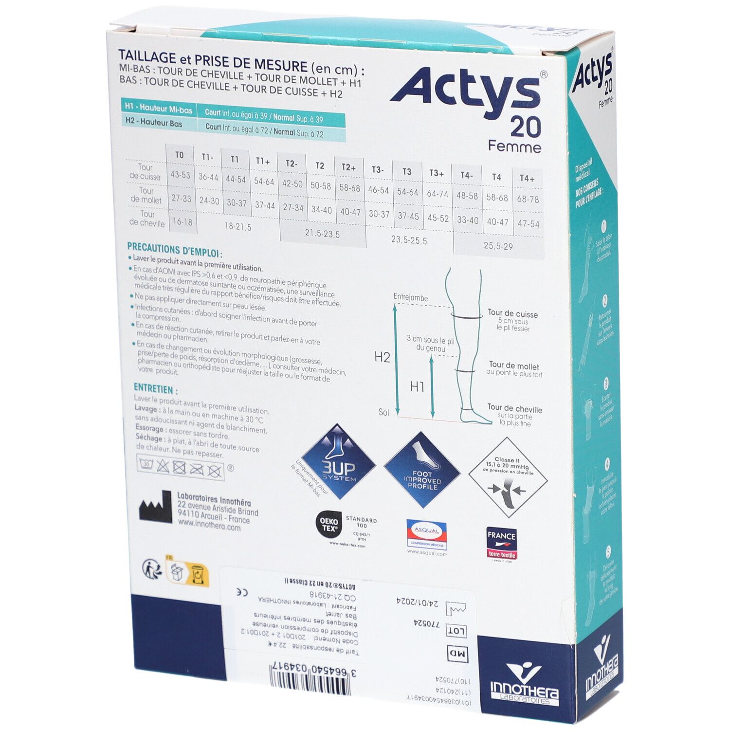 Dos de la boîte ACTYS 20 Femme. Contient tableau des tailles, instructions d'utilisation et informations produit.