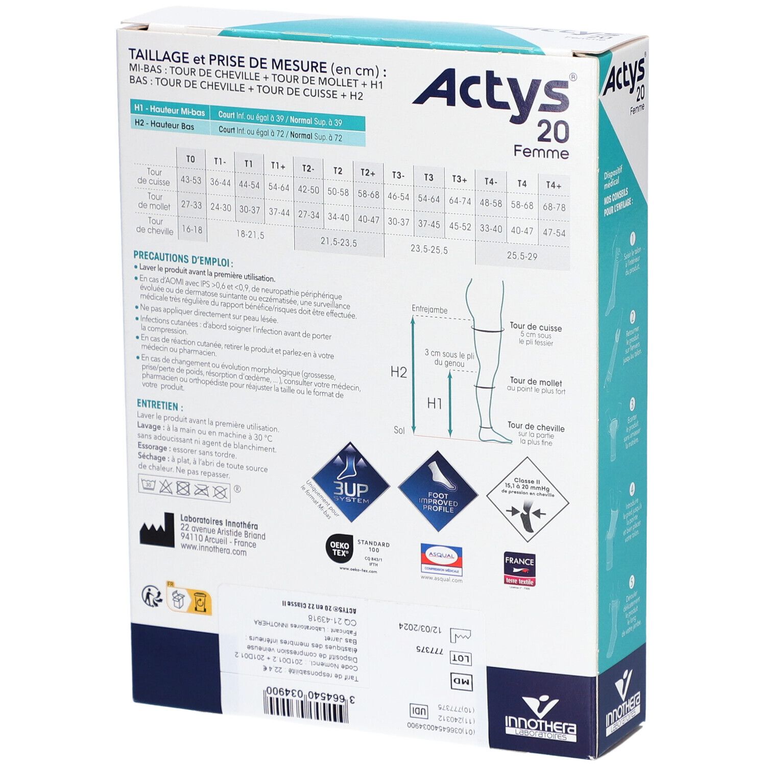ACTYS 20 MOINS FEMME - Mi-bas médical de compression, classe 2, mollet fin. naturel, norma