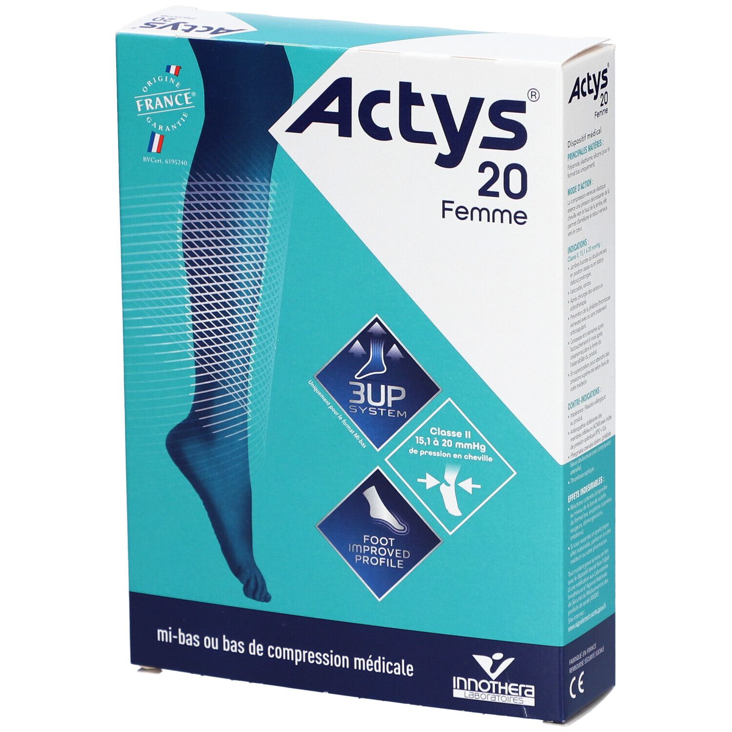Boîte Actys 20 Femme. Bas de compression médicale, classe 2. Représentation d'une jambe. Drapeau français.