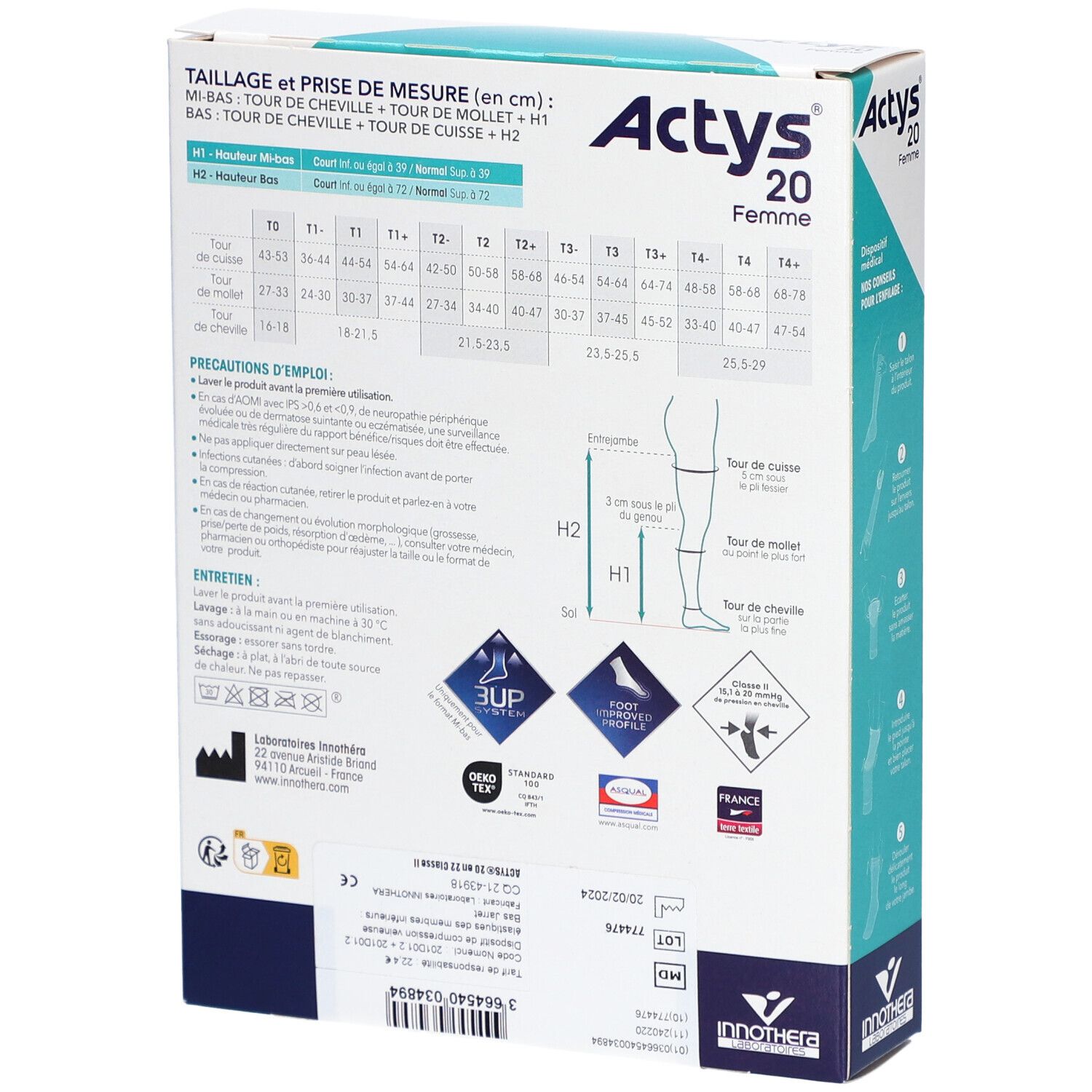 Dos de la boîte Actys 20 Femme. Tableau des tailles, instructions d'utilisation et certifications.
