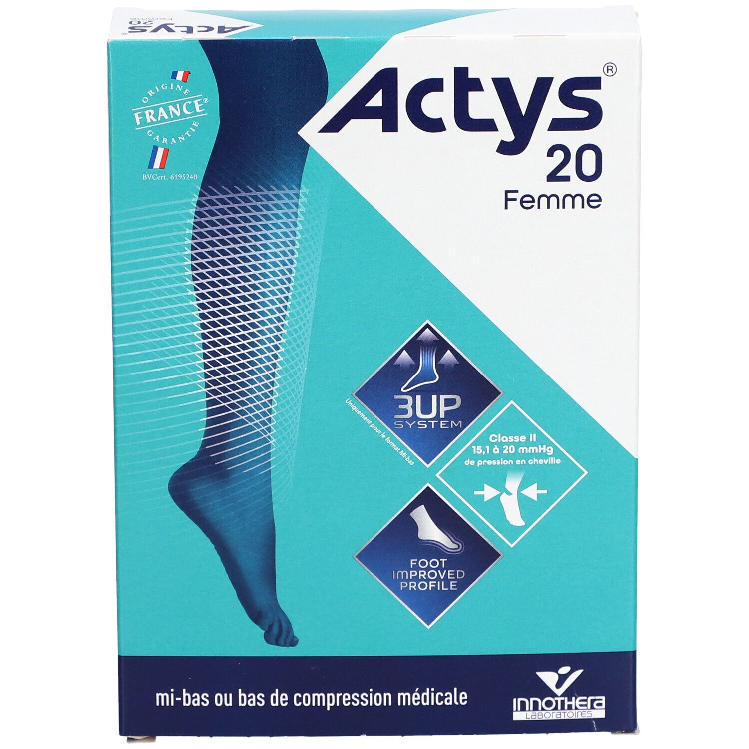Boîte Actys 20 Femme. Bas de compression médicale, classe 2. Représentation d'une jambe. Drapeau français.