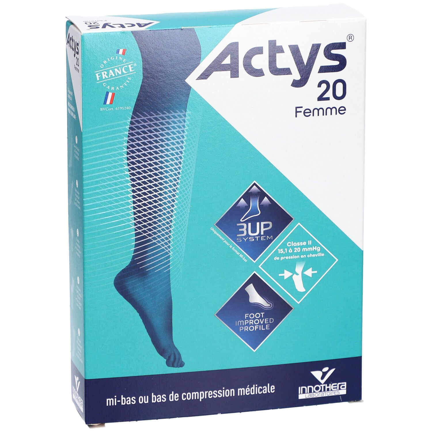 Boîte Actys 20 Femme. Bas de compression médicale, classe 2. Représentation d'une jambe. Drapeau français.