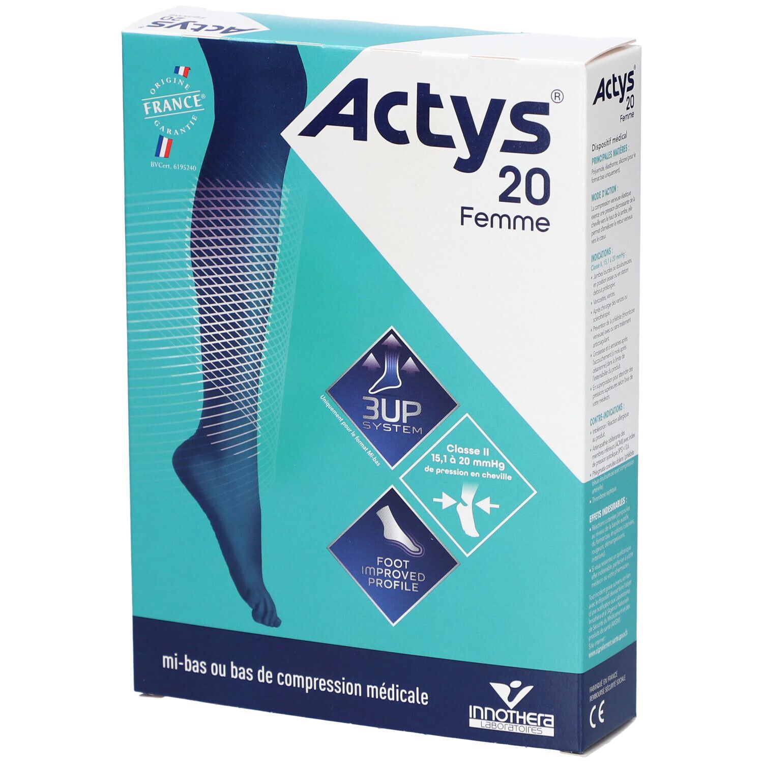 Boîte Actys 20 Femme, bas de compression médical. Graphique bleu d'une jambe. Drapeau français et label.