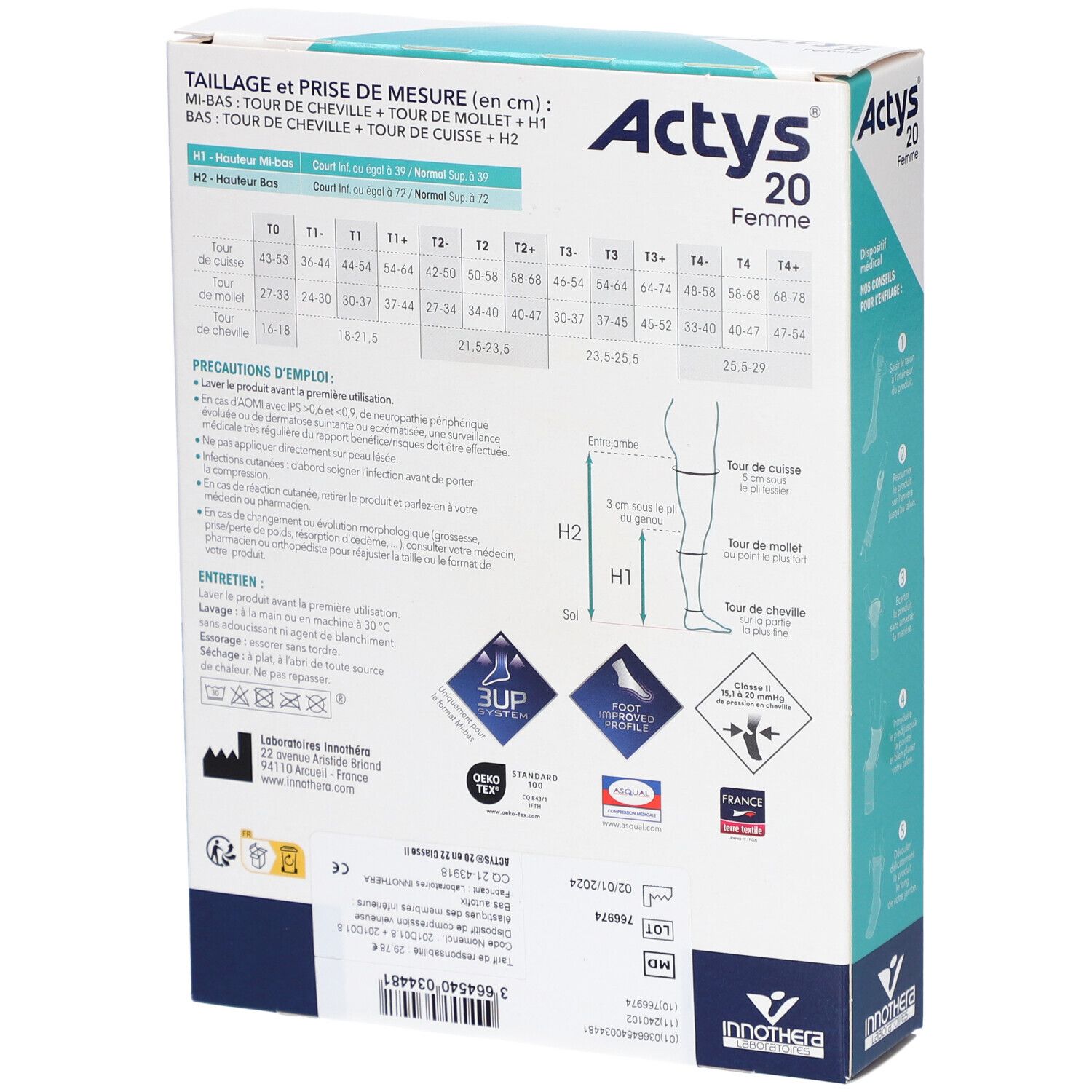 Dos de la boîte Actys 20 Femme. Tableau des tailles, précautions et symboles de lavage. Nom du produit et logo.