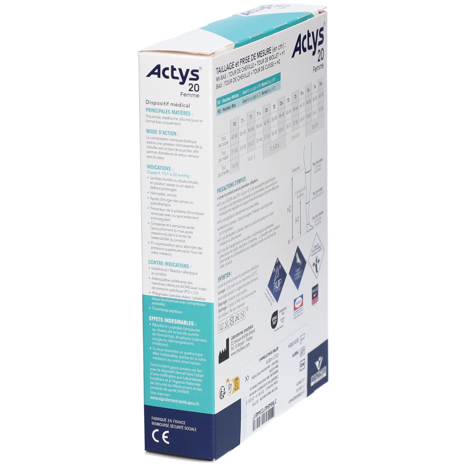 Boîte Actys 20 Femme en biais. Arrière avec informations. Nom du produit et logo.