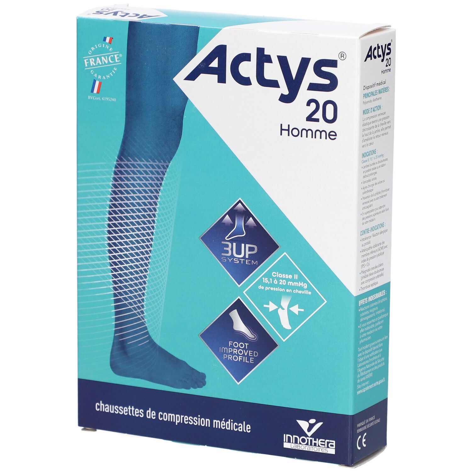 Boîte de chaussettes de compression ACTYS 20 HOMME. Illustration de jambe bleue. Texte: Classe 2, 15,1 à 20 mmHg. Drapeau français.