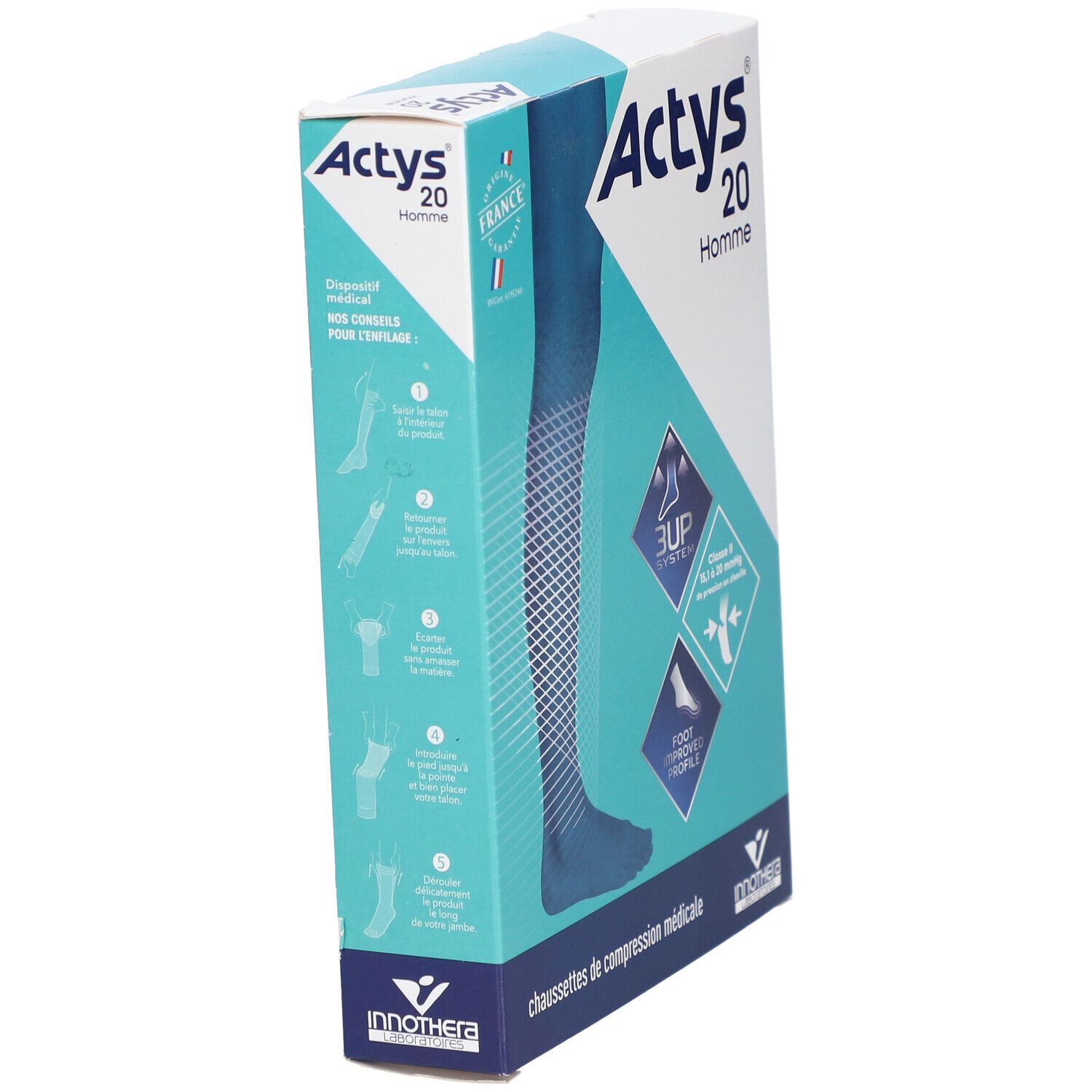 Boîte de chaussettes de compression ACTYS 20 HOMME en biais. Illustration de jambe bleue. Texte: Classe 2, 15,1 à 20 mmHg.