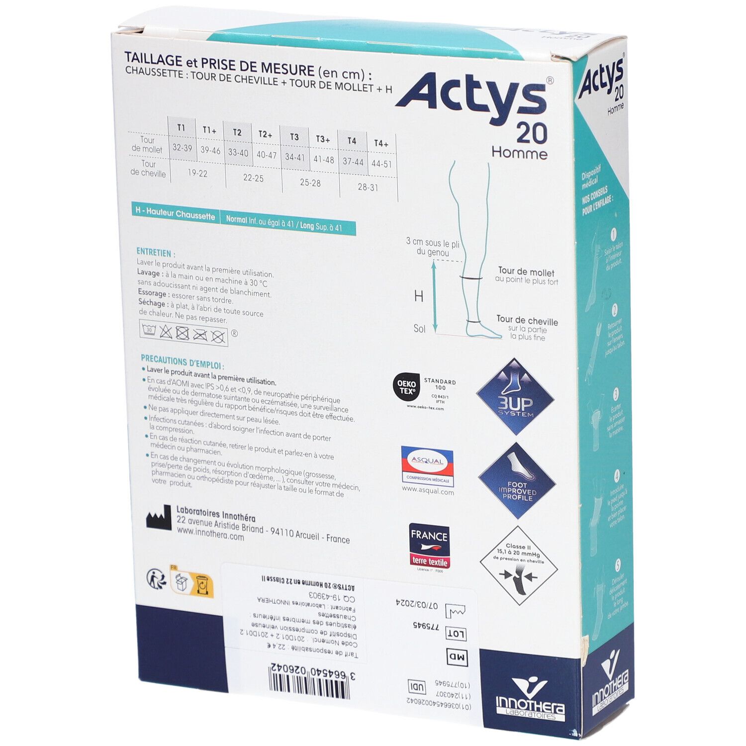Dos de la boîte ACTYS 20 HOMME. Texte: tableau des tailles, précautions, informations fabricant. Logos et certifications.