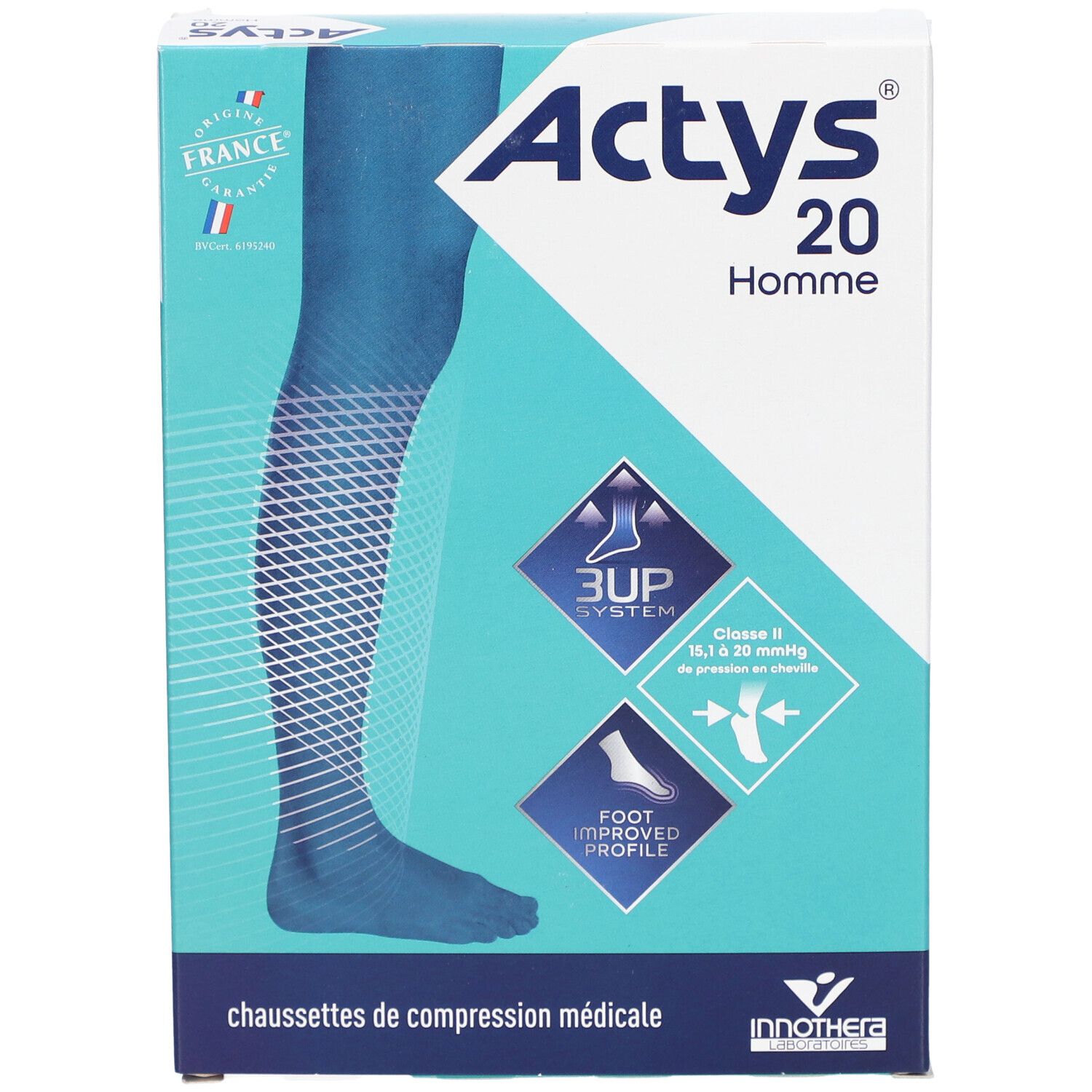 Boîte de chaussettes de compression ACTYS 20 HOMME. Illustration de jambe bleue. Texte: Classe 2, 15,1 à 20 mmHg. Drapeau français.