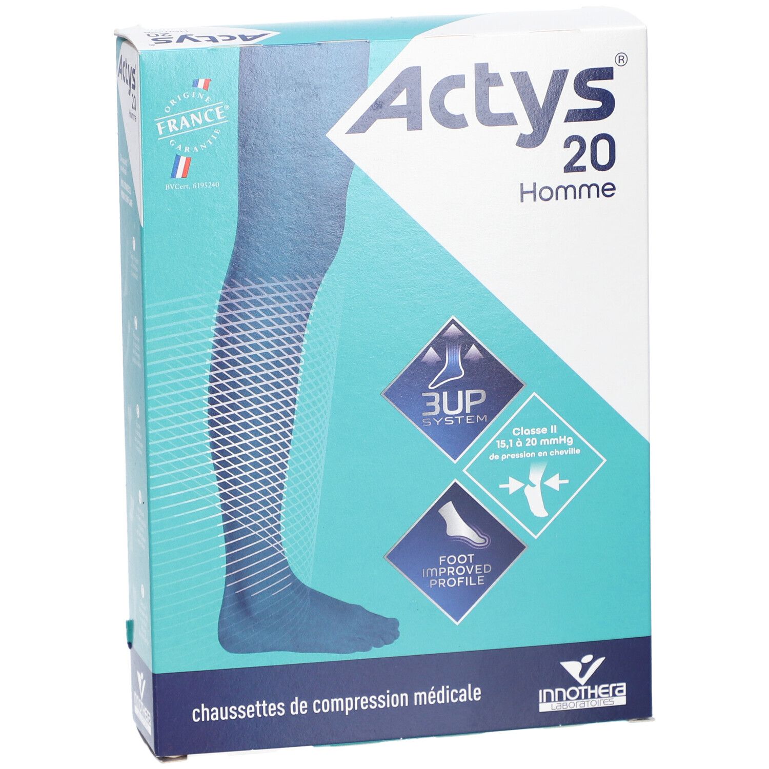 Boîte de chaussettes de compression ACTYS 20 HOMME en biais. Illustration de jambe bleue. Texte: Classe 2, 15,1 à 20 mmHg.