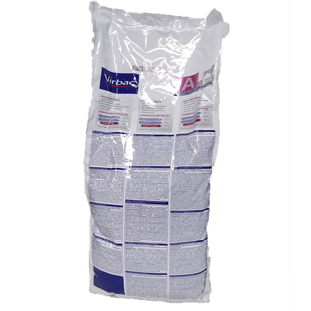 Dos du sac de nourriture pour chien avec texte et marque Virbac.