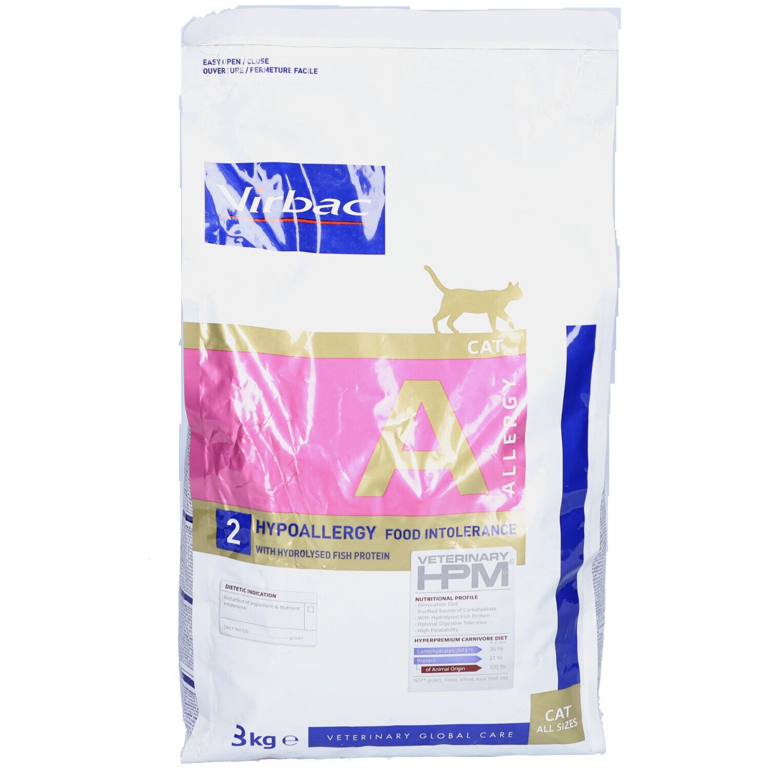 Sac de nourriture pour chat Virbac Veterinary HPM A2 Allergy. Contient du texte: "Hypoallergy". 3 kg.