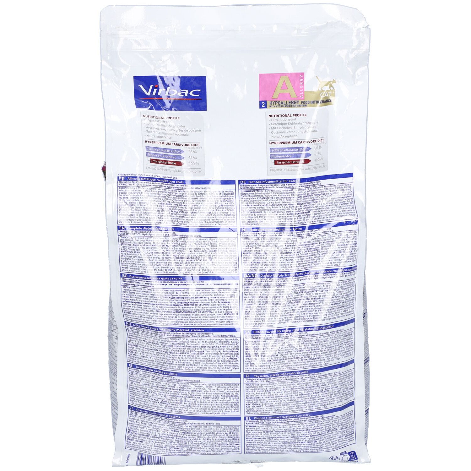 Dos du sac de nourriture pour chat Virbac Veterinary HPM A2 Allergy. Contient du texte et des informations nutritionnelles.