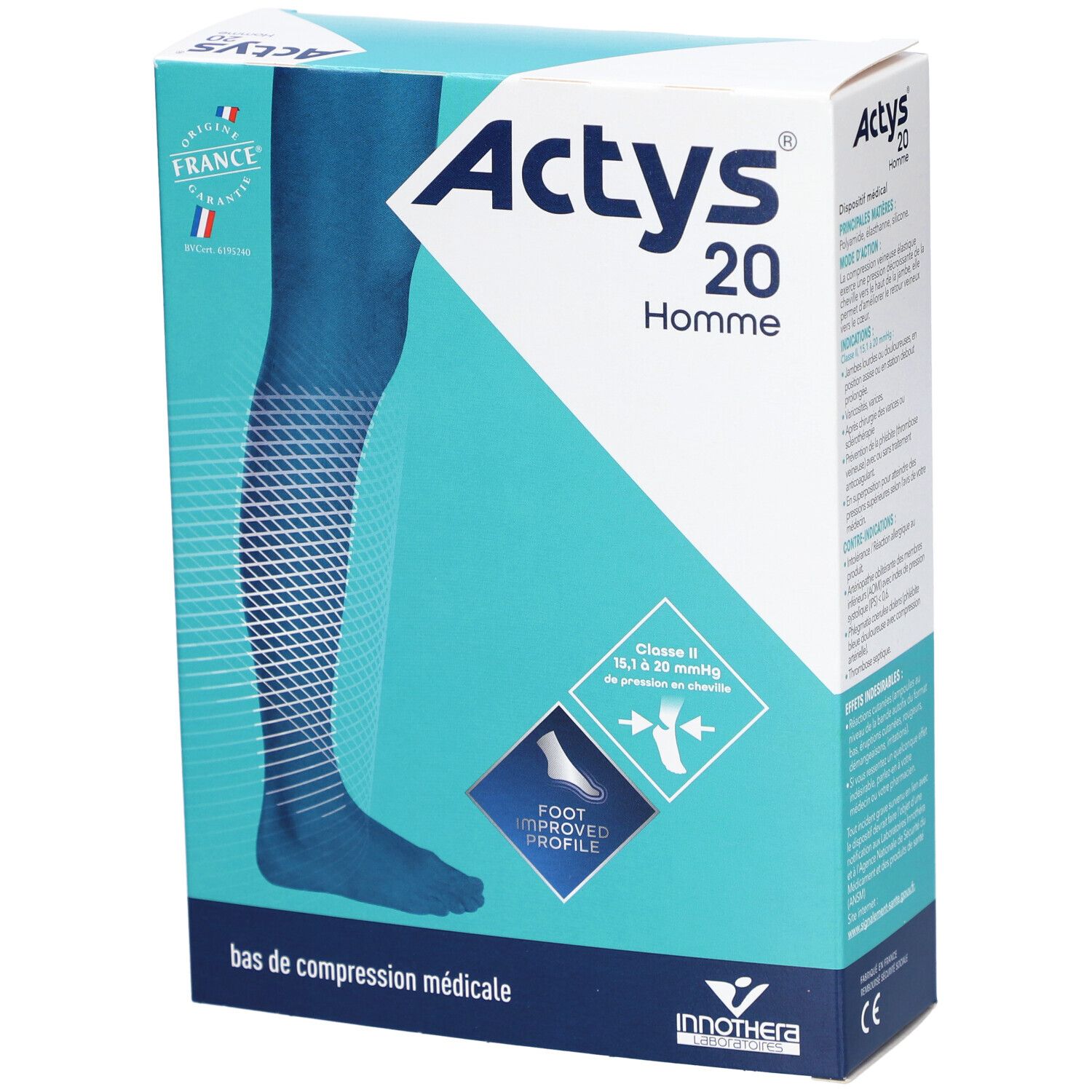 Boîte ACTYS 20 Homme, bas de compression médical. Illustration jambe bleue. Drapeau français.