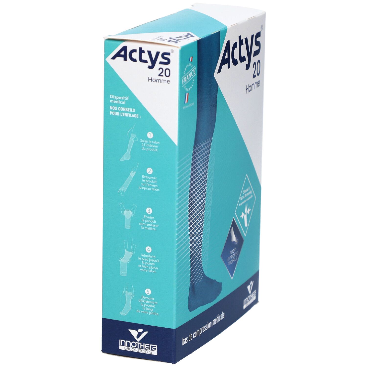 Boîte ACTYS 20 Homme, bas de compression médical. Illustration produit. Instructions.